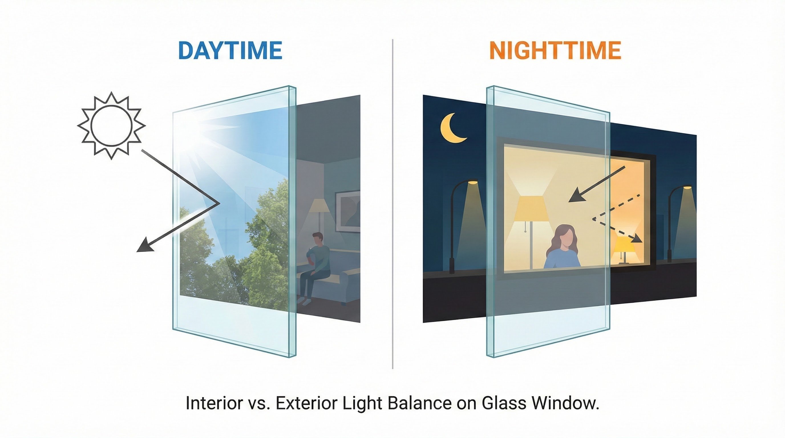 Diagram showing how interior and exterior light balance affects privacy window film