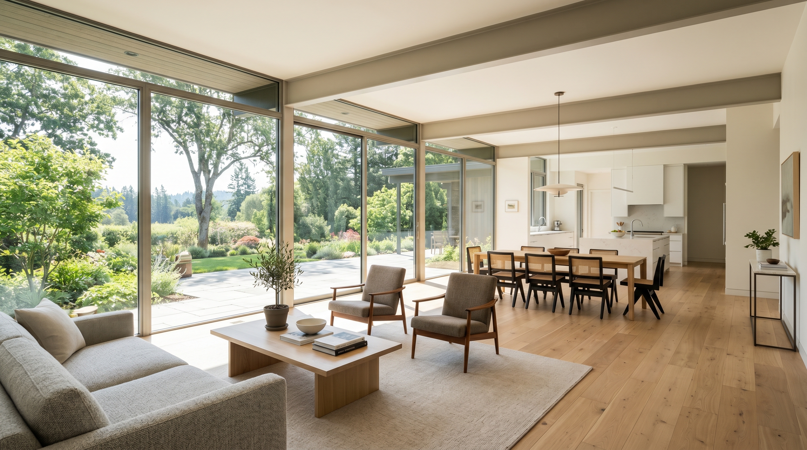 Sunlit minimalist living room with large windows and no heavy drapes.