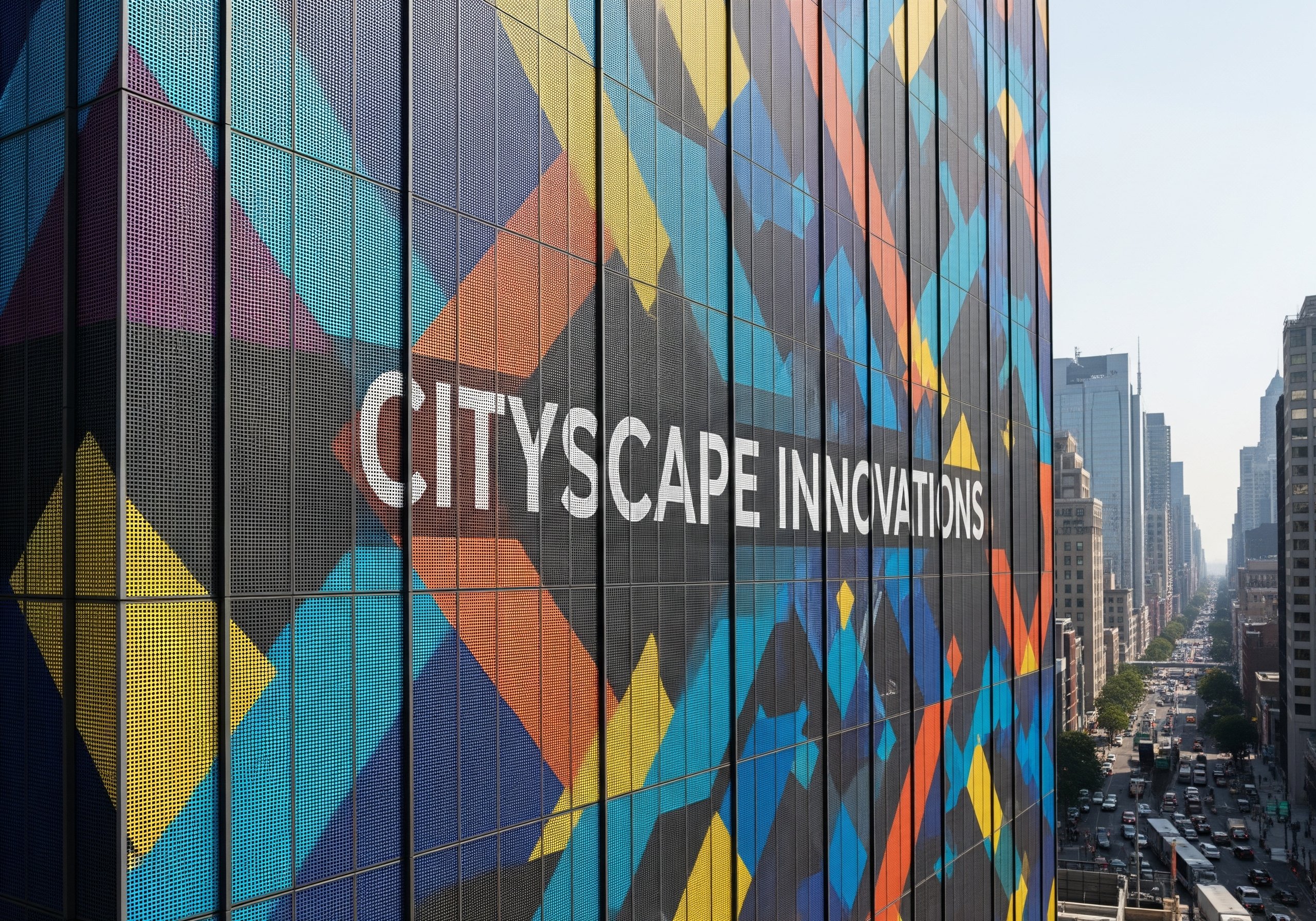 Mesh commercial building wrap with bold colors and clear branding on a city facade
