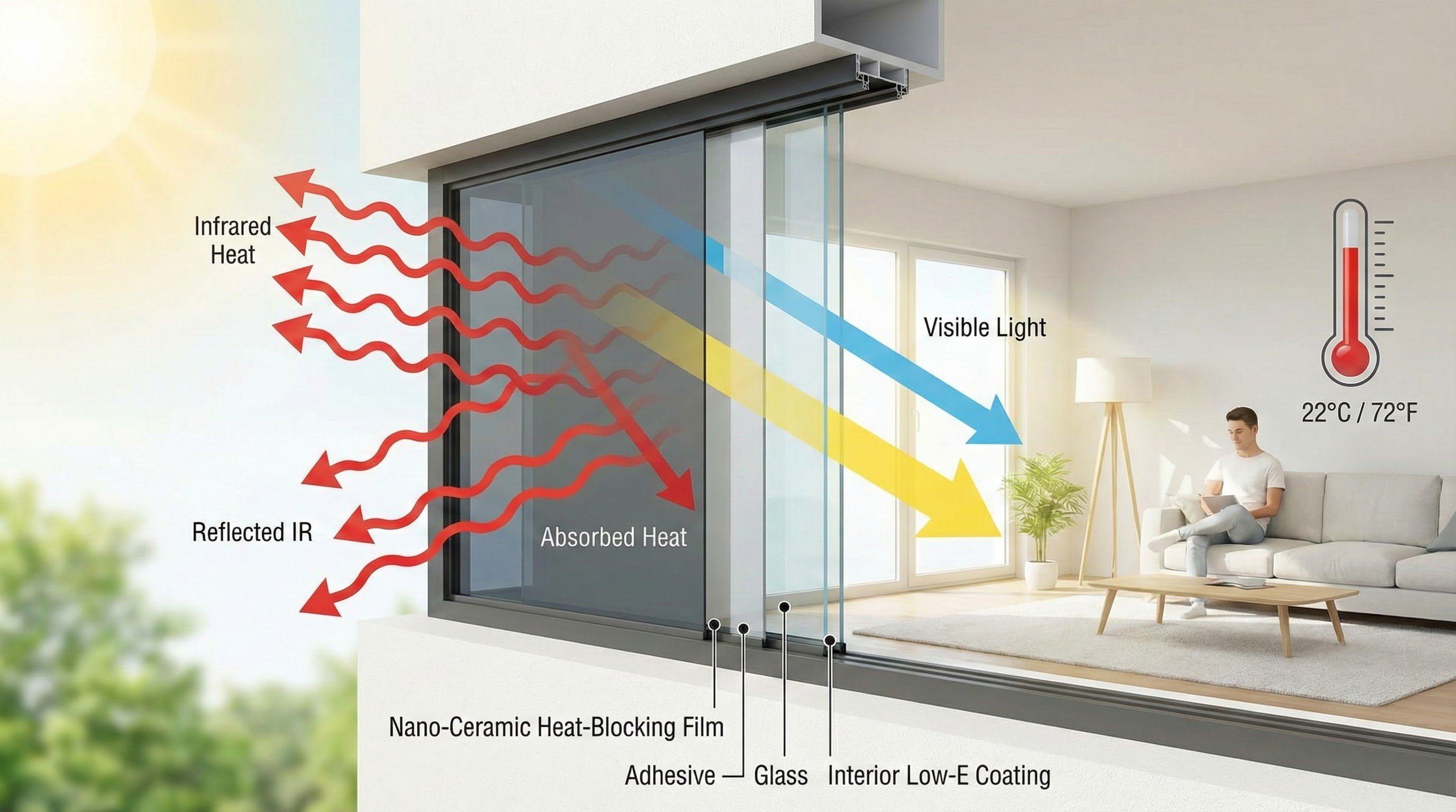 Modern window film blocking infrared heat while allowing visible light