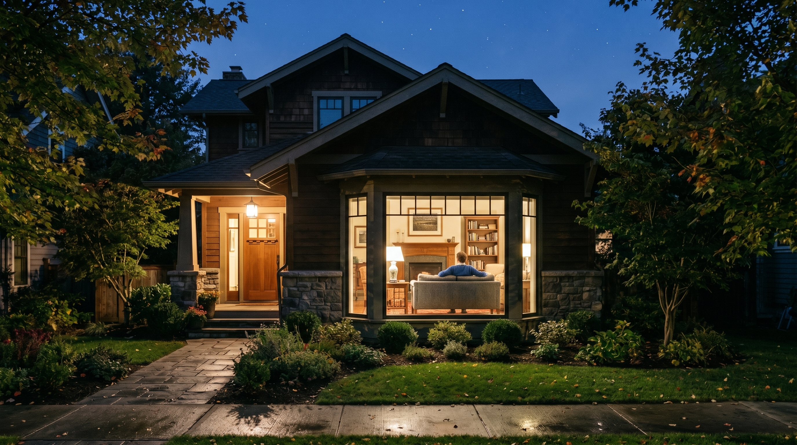 Nighttime view into a brightly lit residential living room demonstrating the mirror reversal effect.