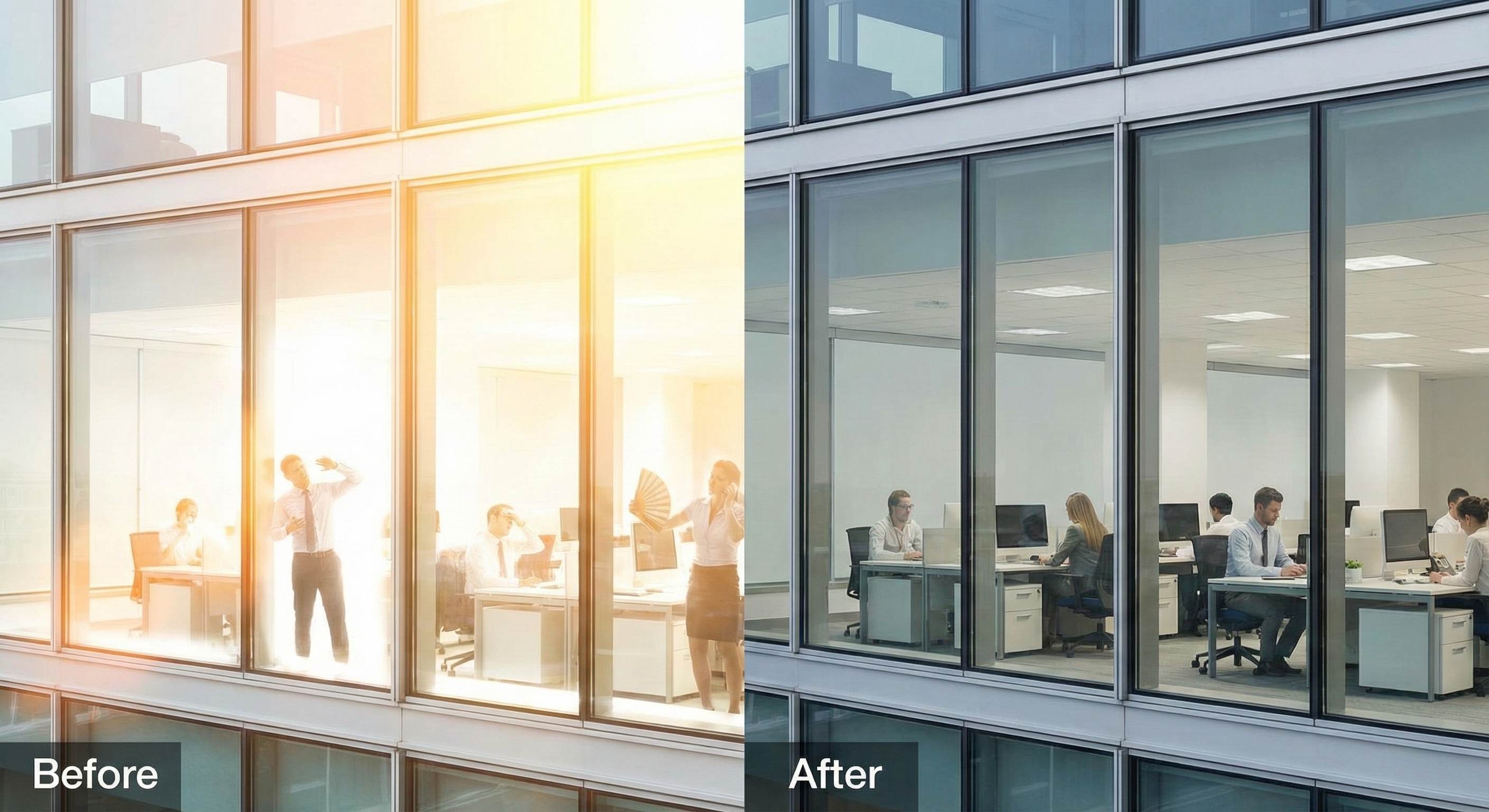 Office building comparison showing improved comfort after solar control film installation