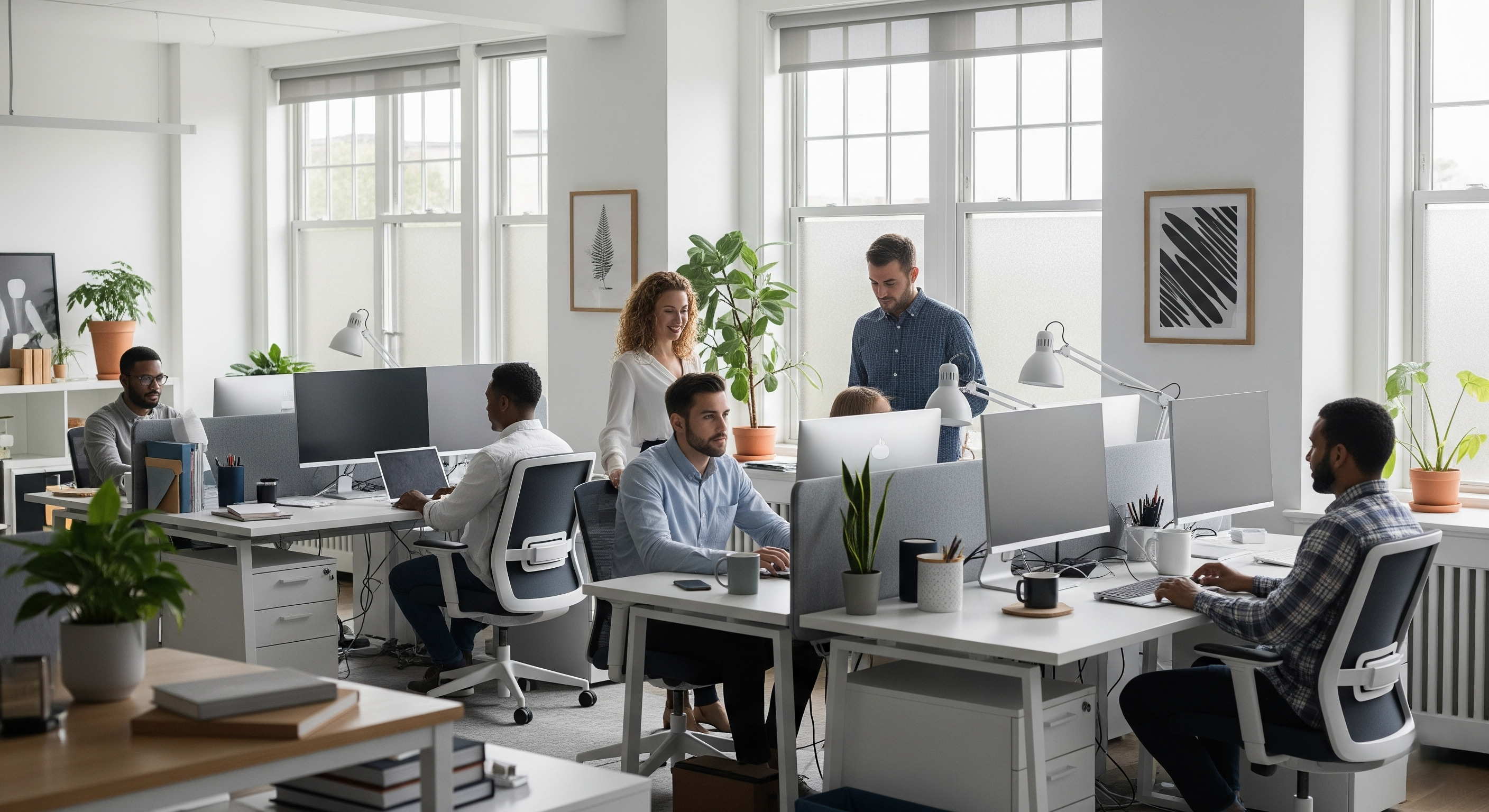 Employees working comfortably without glare near windows with energy efficient film