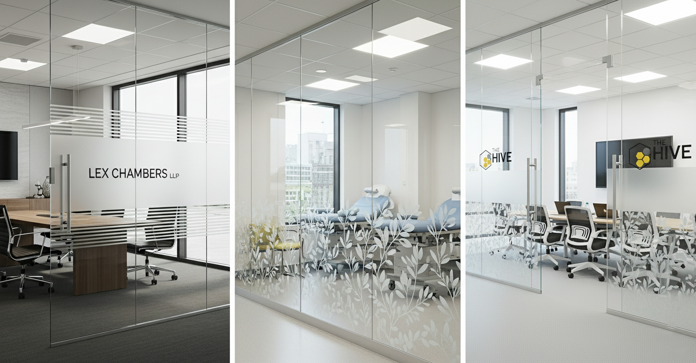 Examples of office privacy film applications in law firms, healthcare clinics, and coworking spaces
