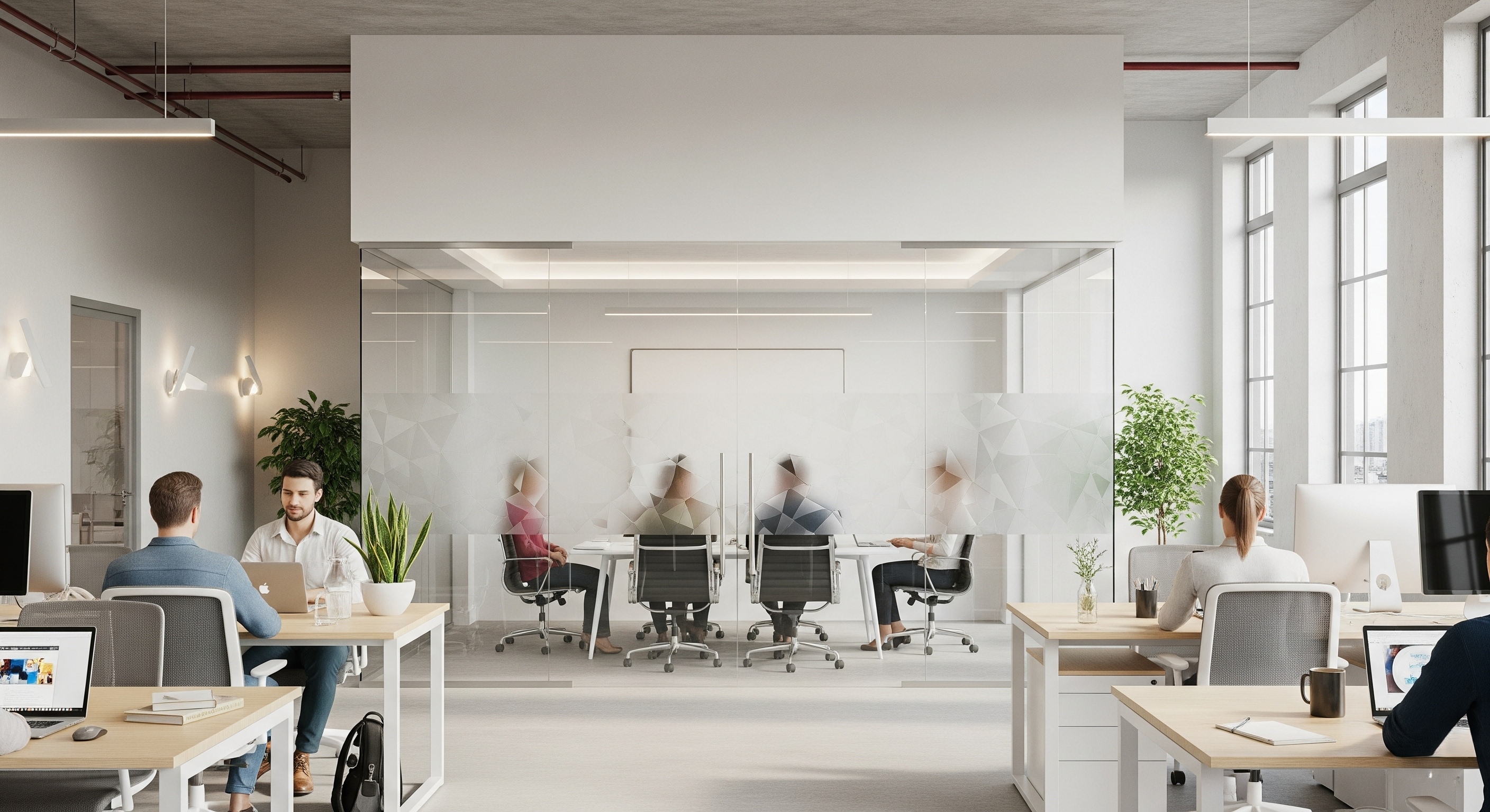 Open office with conference room privacy film showing natural light and employee comfort
