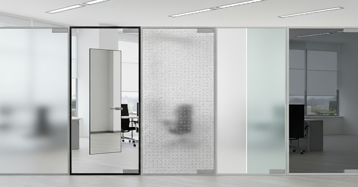 Comparison of different office privacy window films including frosted, one-way, decorative, smart, and cloaking styles