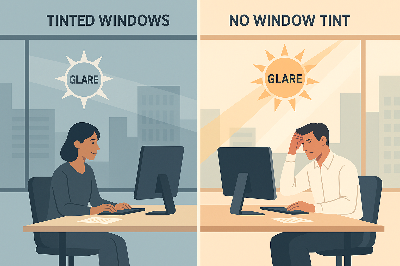 Office comparison showing glare reduction with window tinting