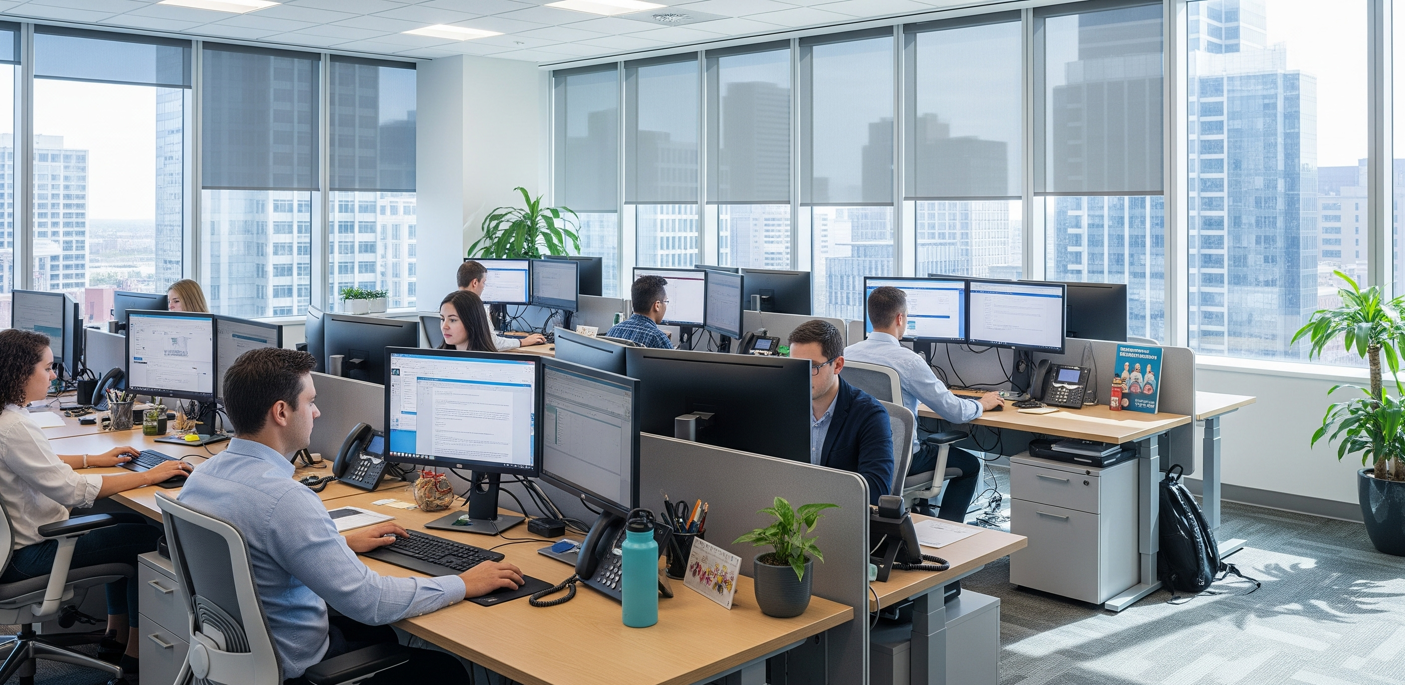 Office interior with tinted windows reducing glare and improving comfort