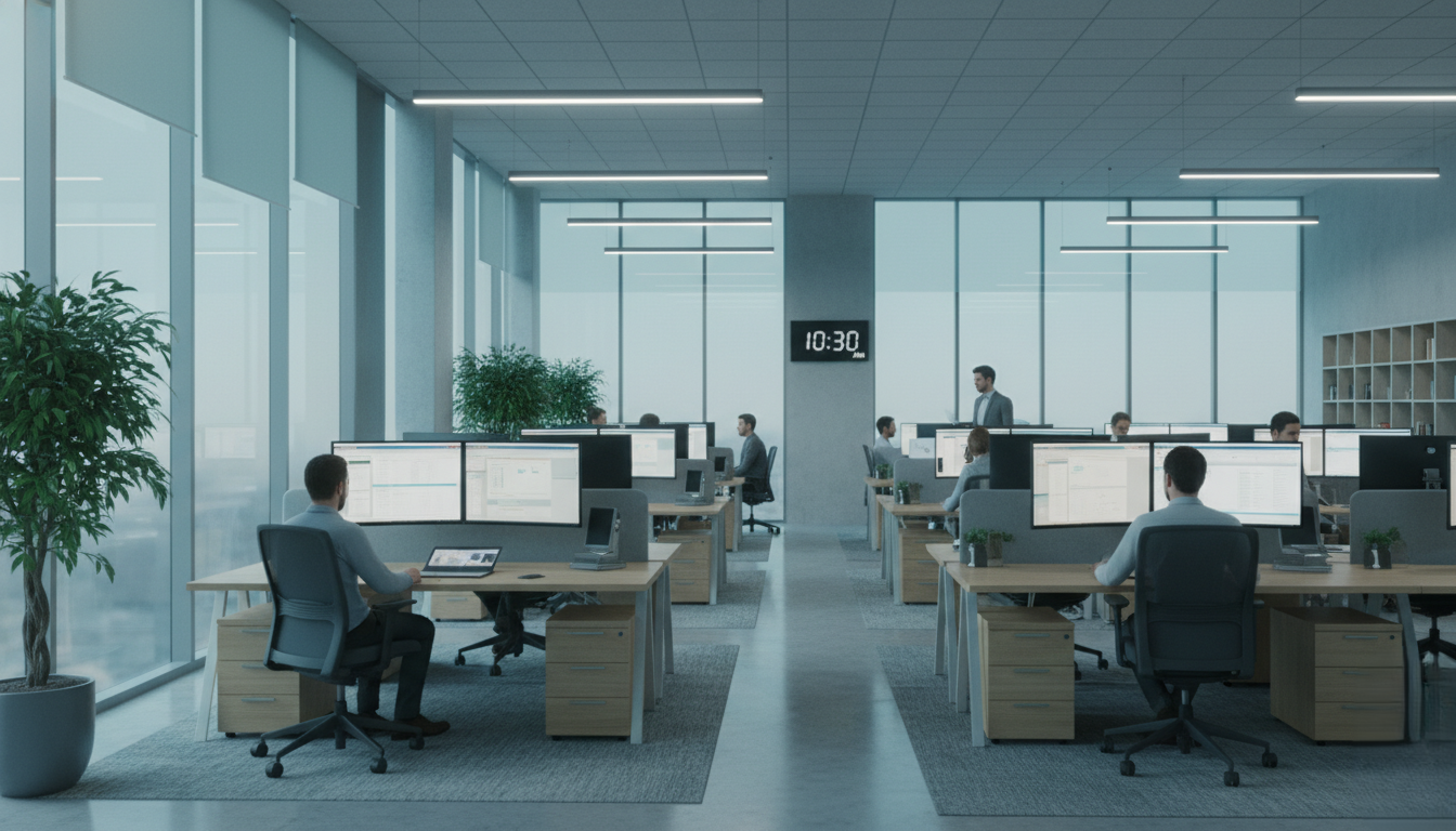 Bright modern office with energy-saving window films providing comfort and glare reduction