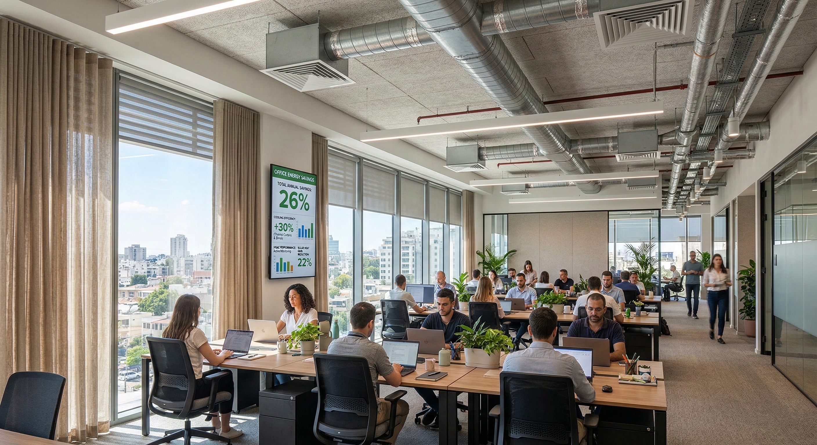 Glass office using HVAC, shading, and thermal curtains for passive cooling and energy savings