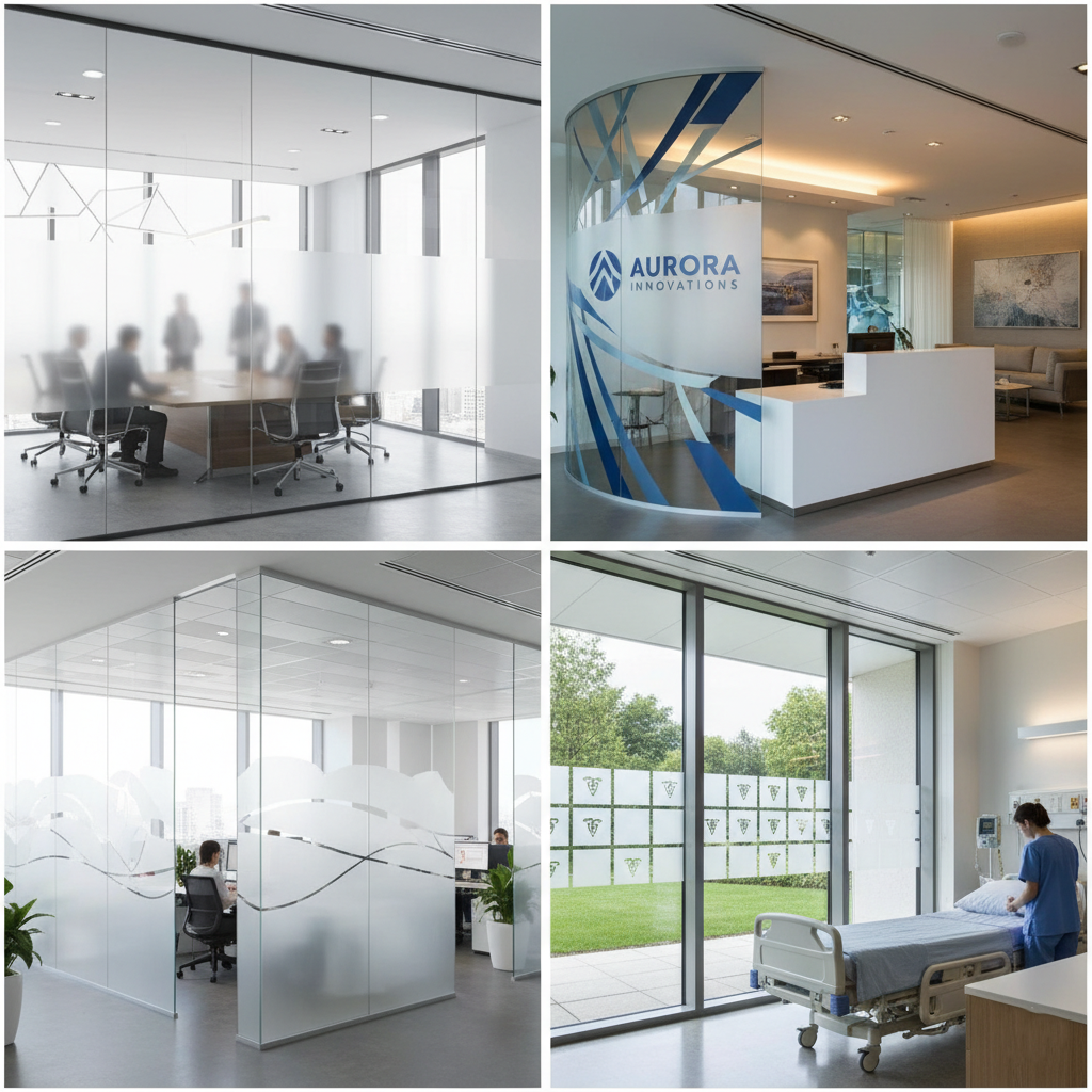 Examples of privacy window films used in offices, conference rooms, storefronts, and healthcare spaces.