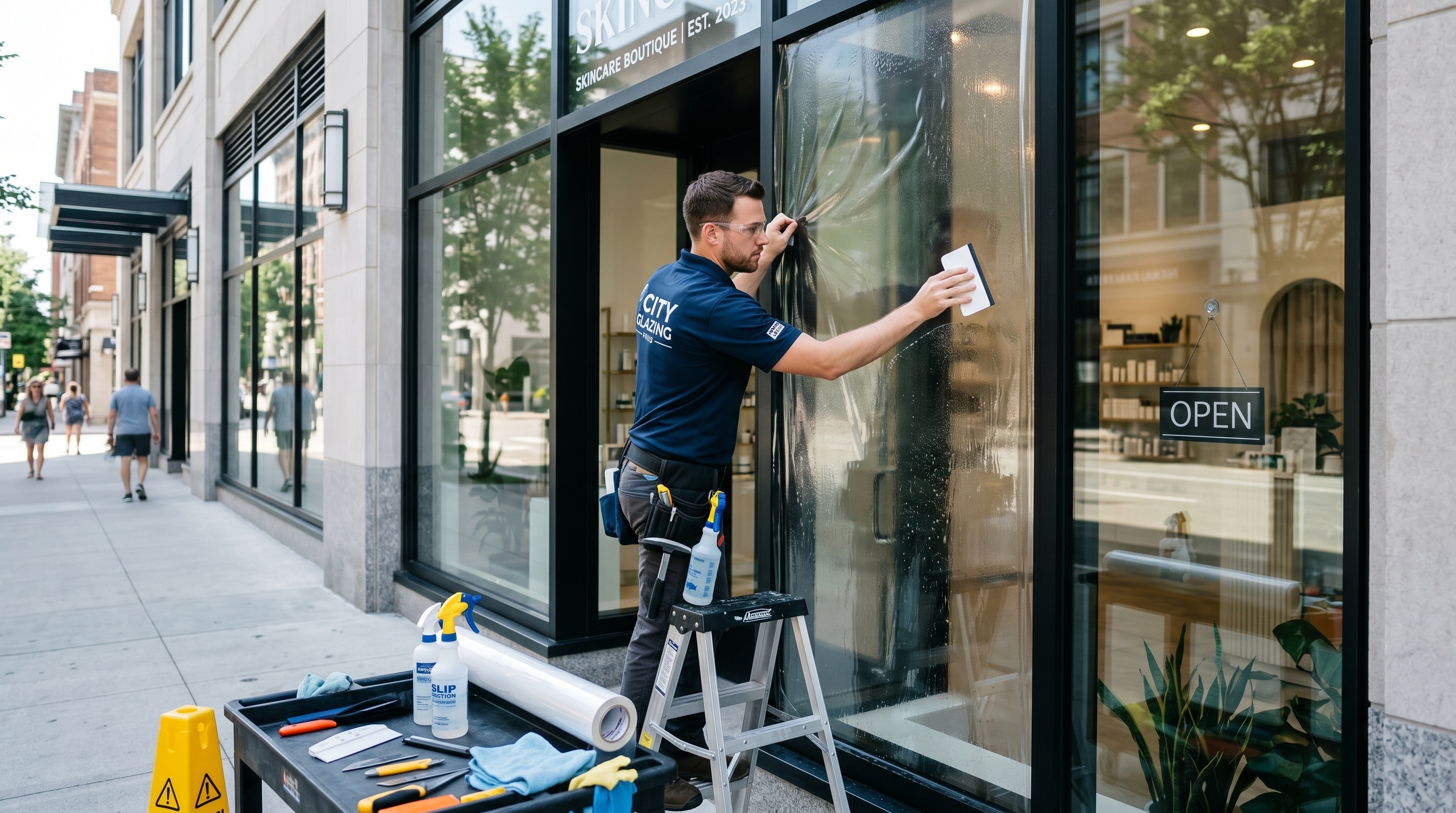 Professional installation of anti-graffiti film on commercial storefront glass