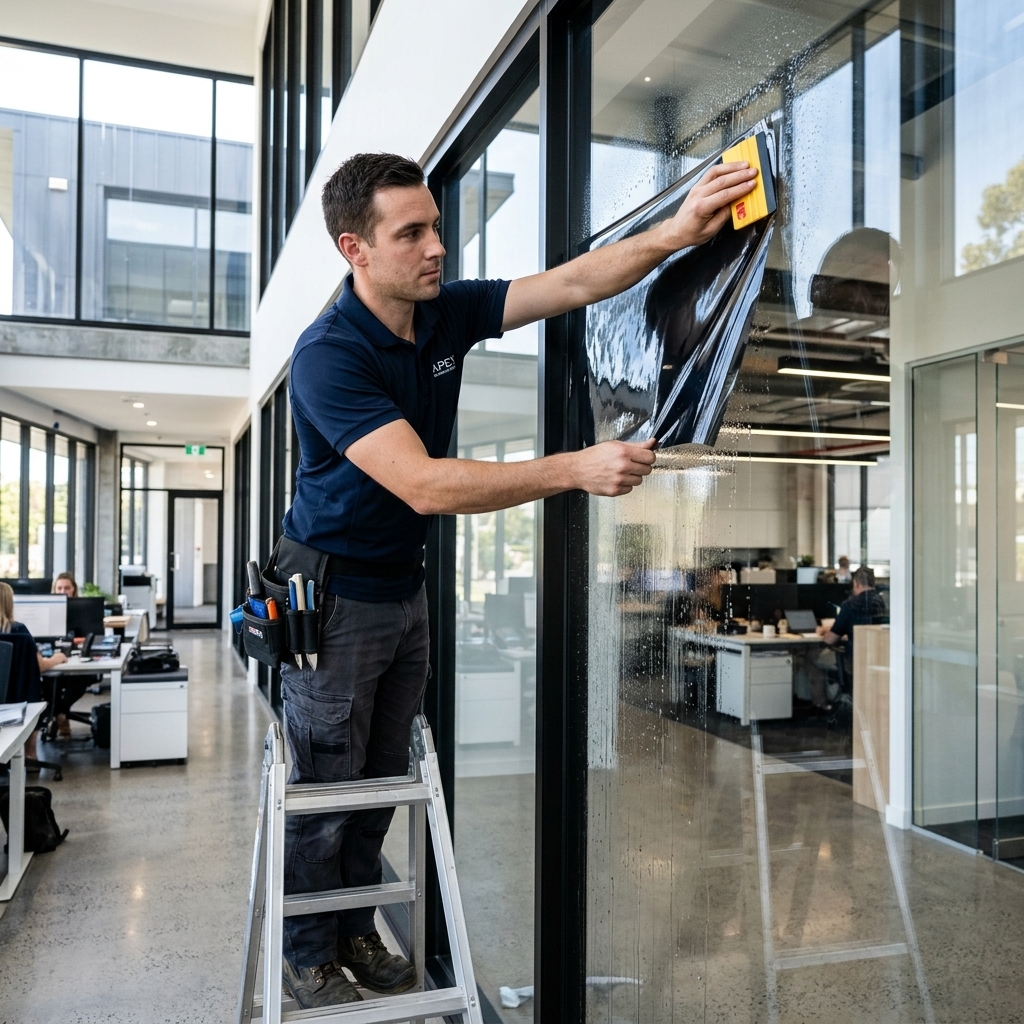 Professional window film installer applying solar control film to large commercial building window in server facility