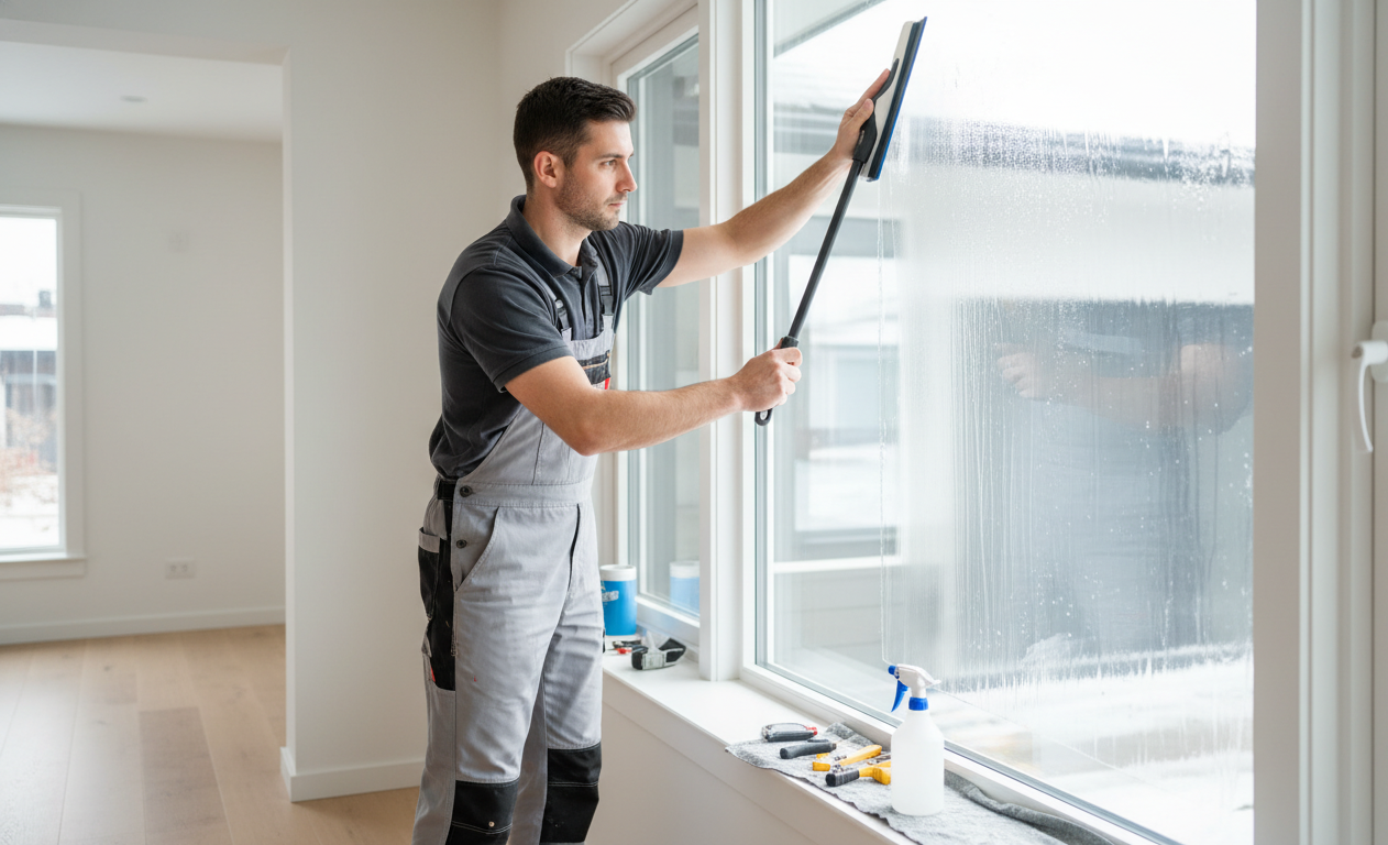 Expert applying window film on residential window for heat and glare control