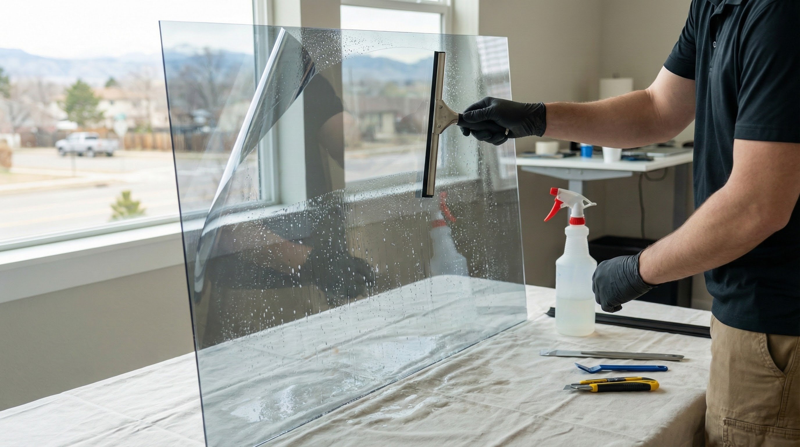 Professional installation of residential window tint on a Denver home window