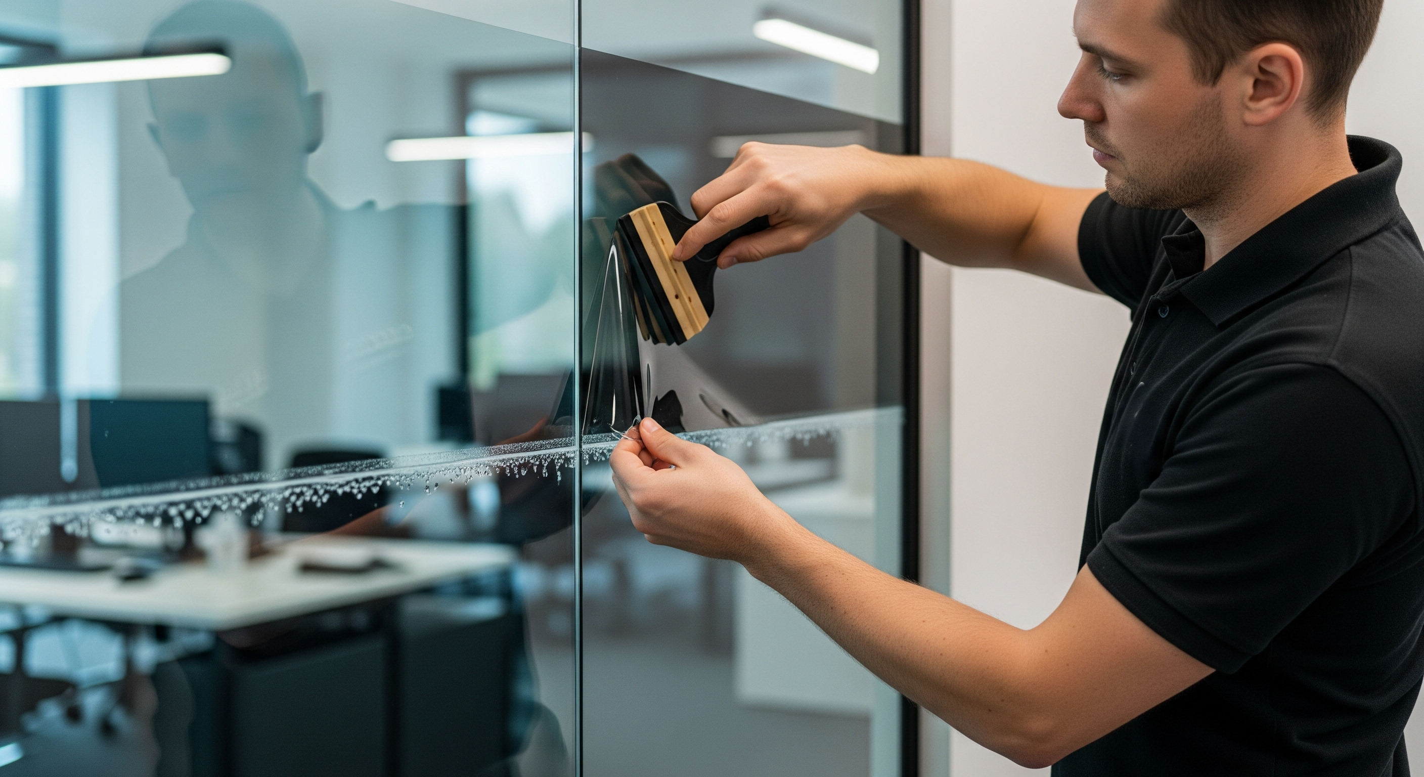 Professional installing office window tint film for energy efficiency and privacy