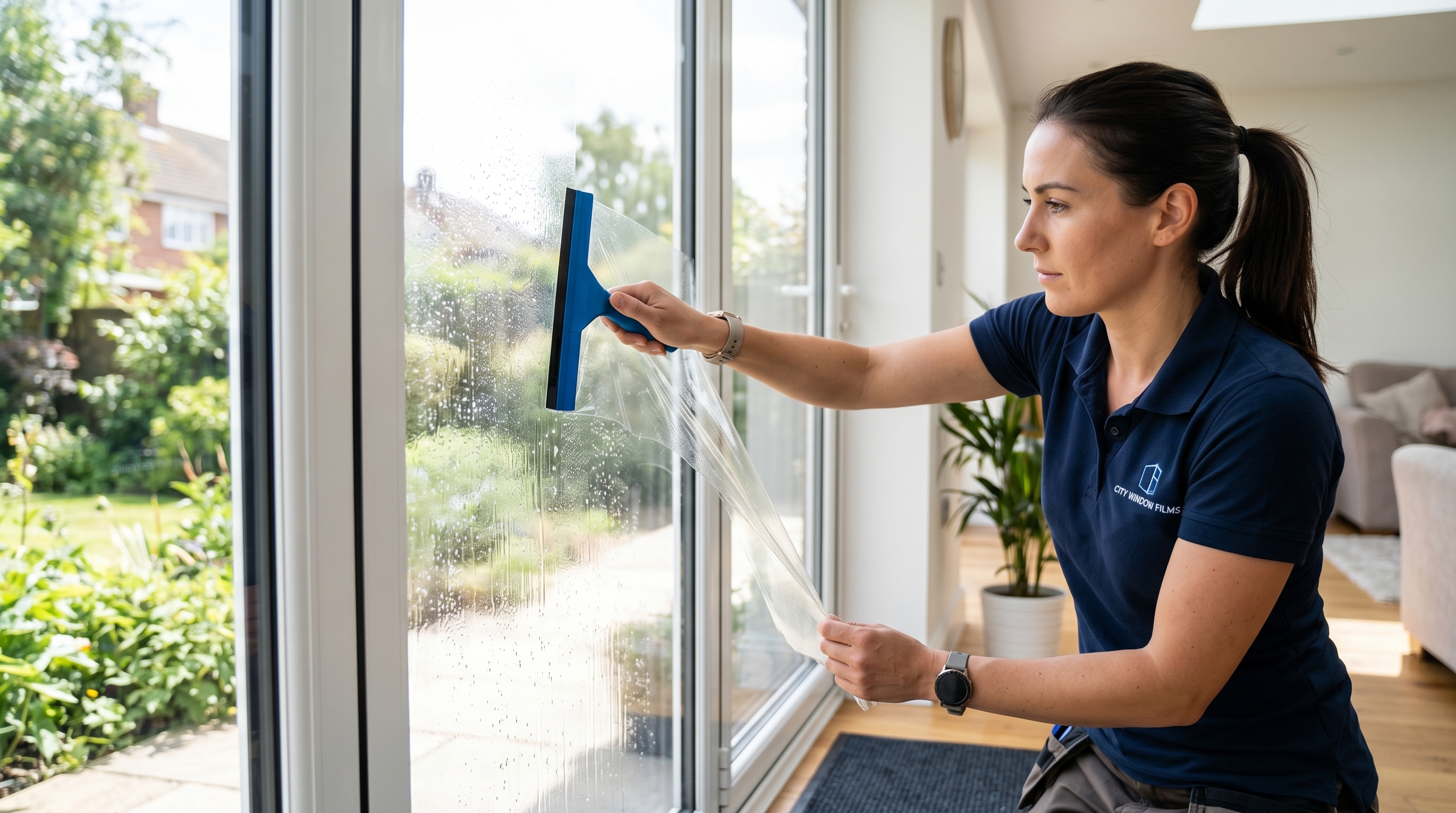 Professional residential window tinting installation using a squeegee on flat glass.