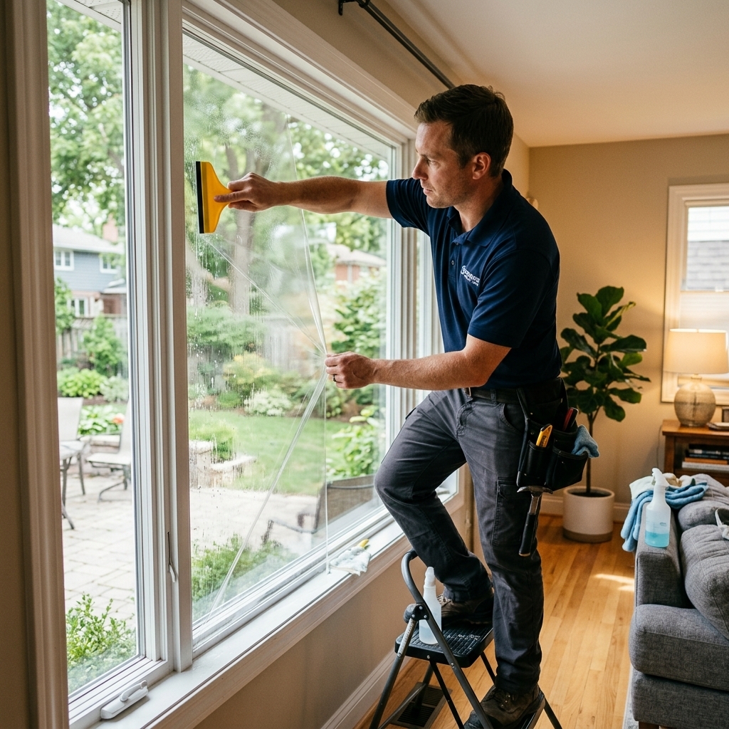 Professional technician installing security window film on large residential window using squeegee and application tools