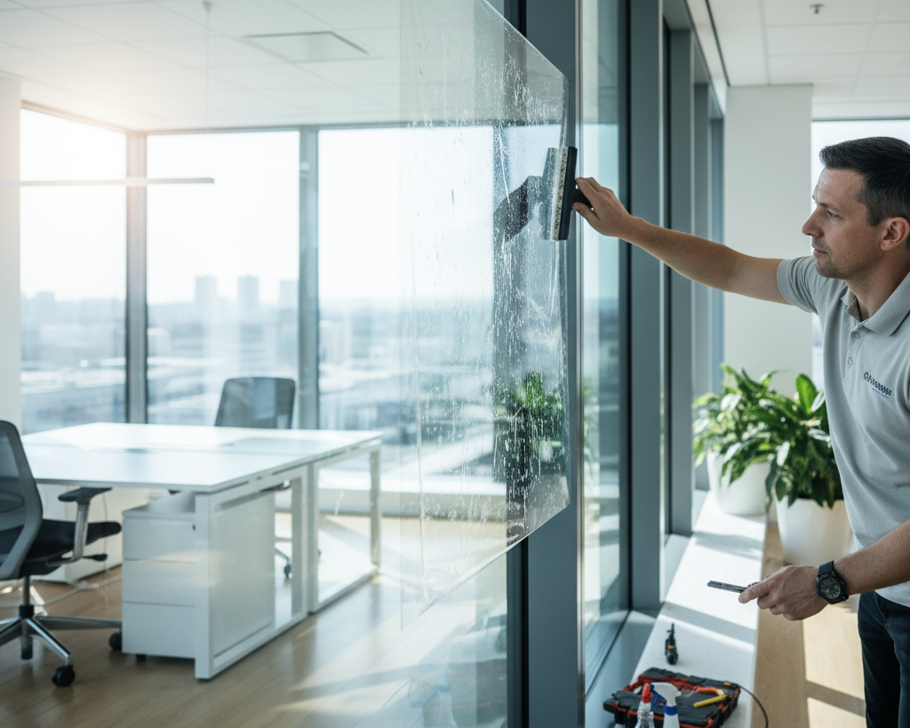 Technician applying solar window film to office glass window during professional installation