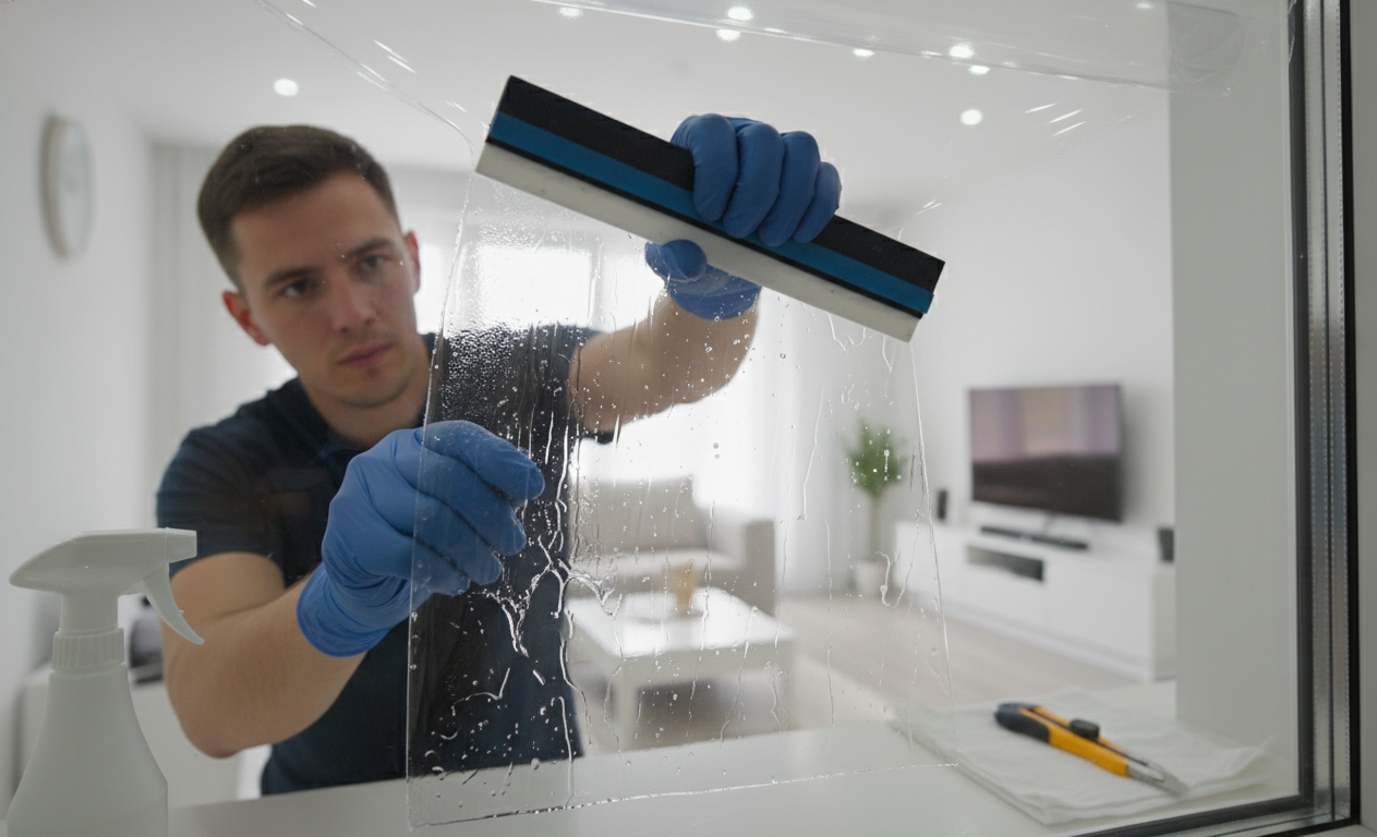 Professional installing window film on residential window