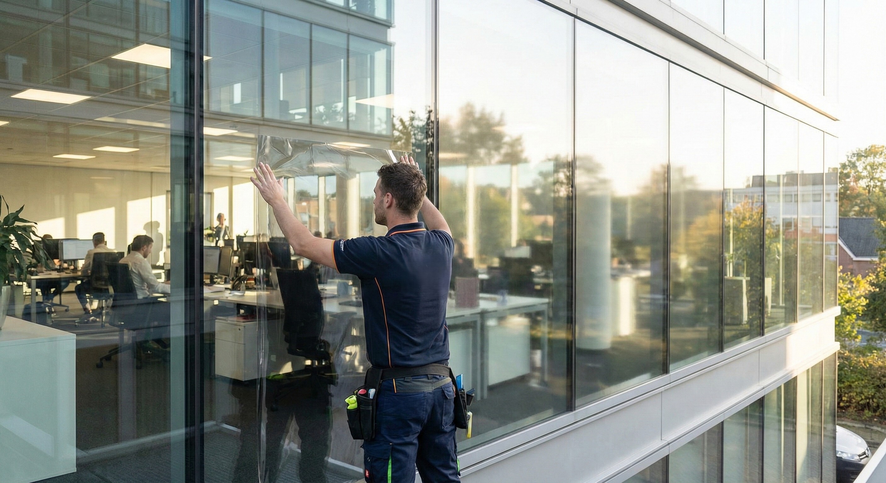 Professional installing heat-reducing window film on office windows