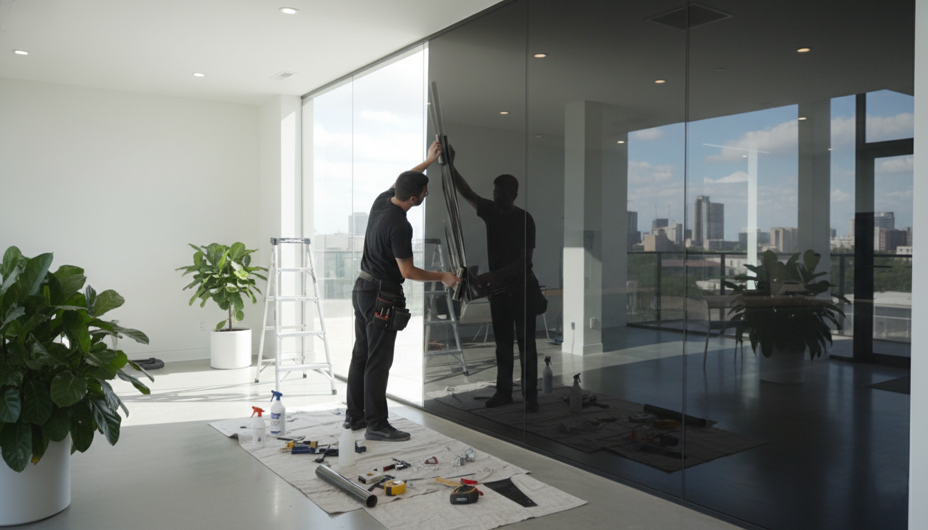 Certified Dallas installer applying residential window tint film on large home windows for UV and heat protection.