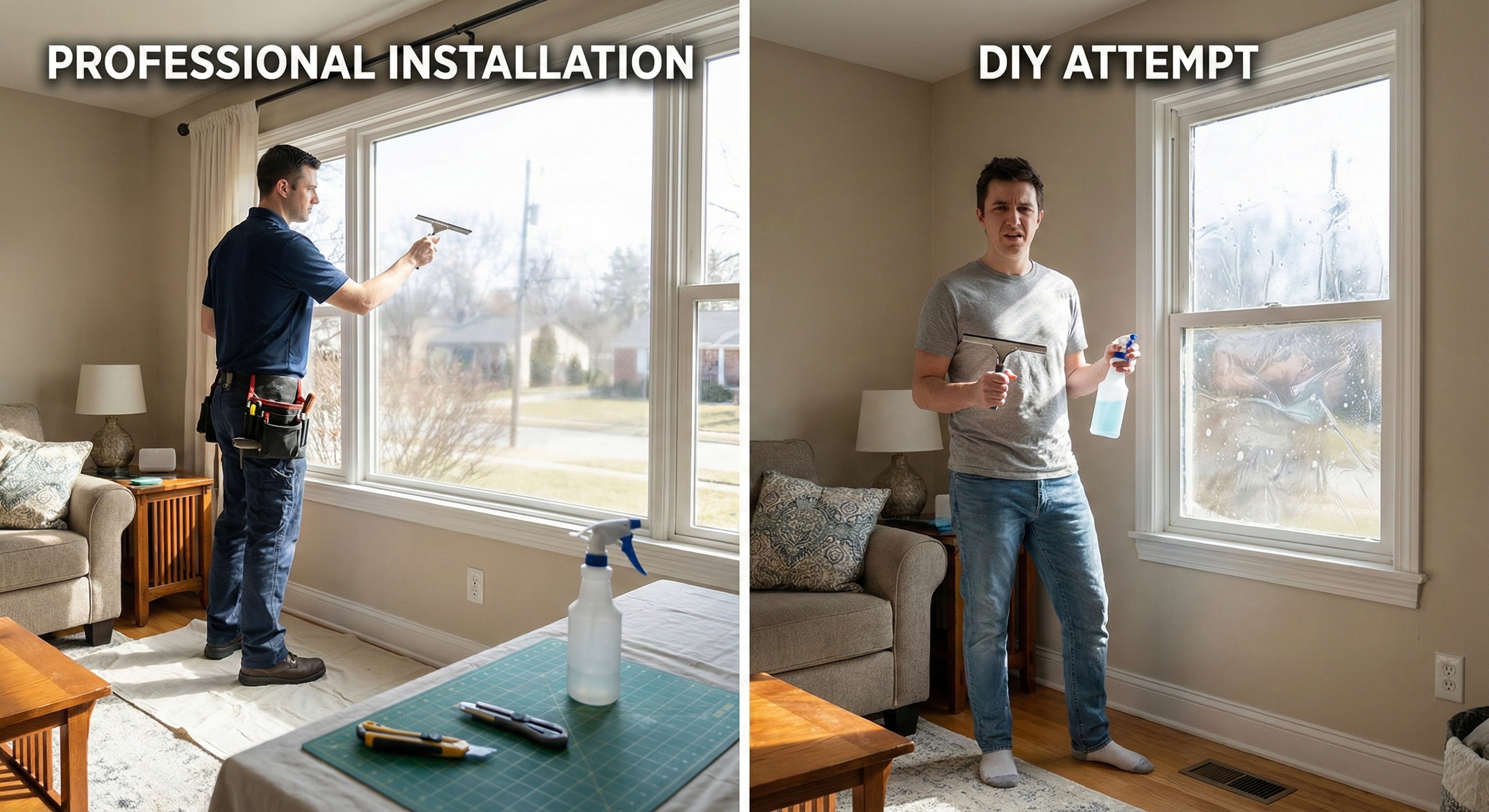 Comparison of professional installation versus DIY window film application in a home.