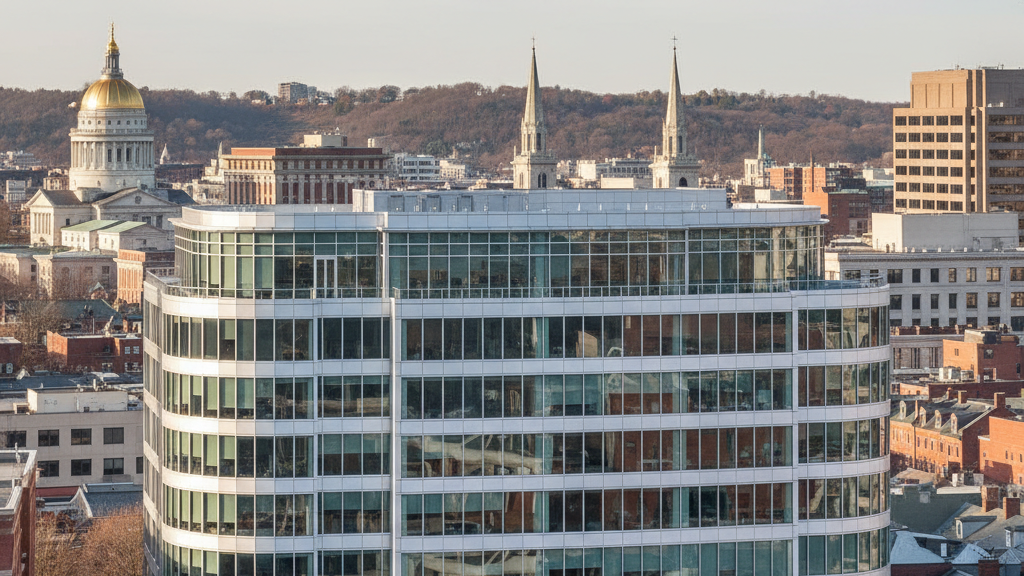 Providence commercial window film on modern office building improving energy efficiency and reducing glare
