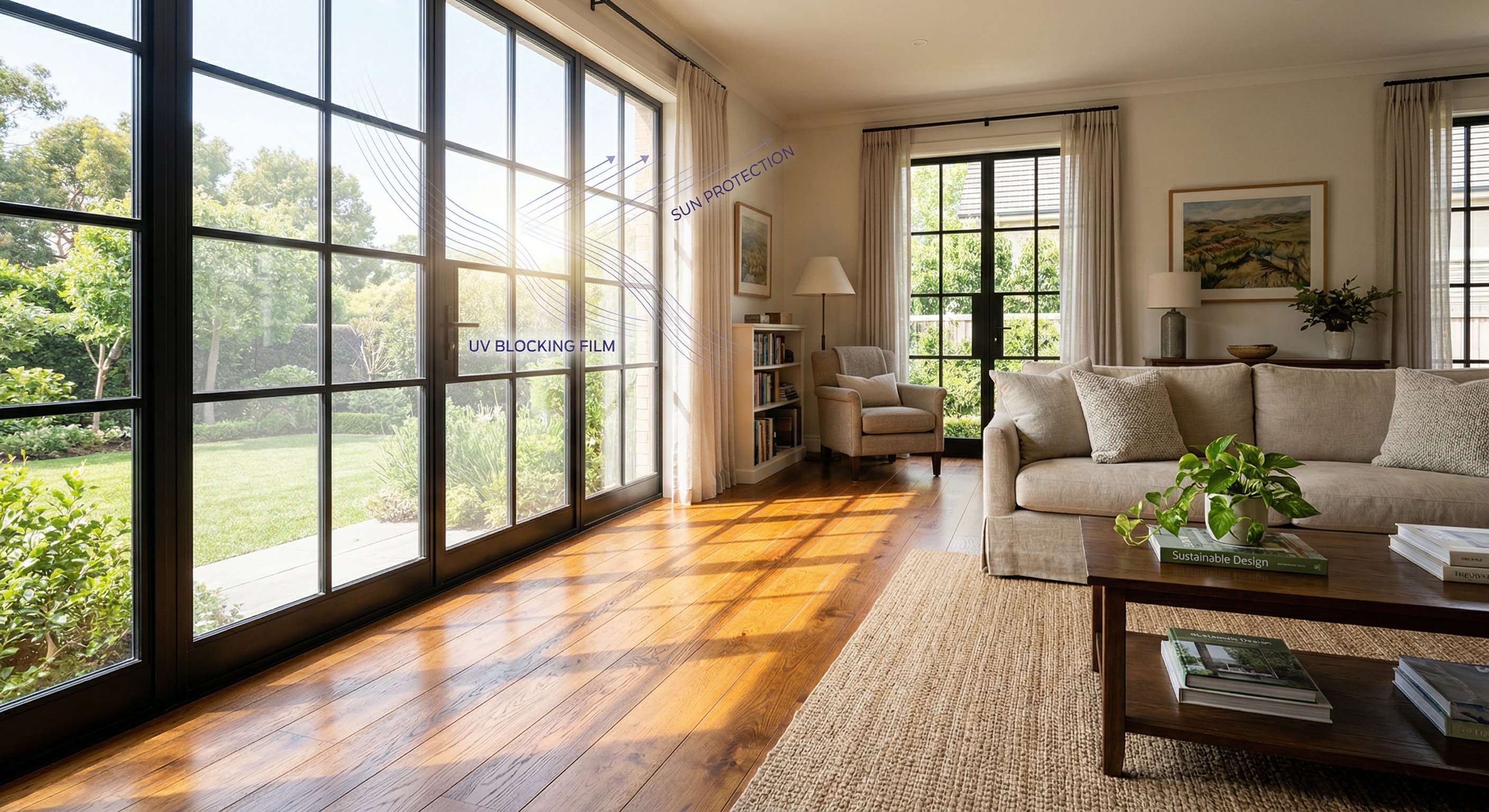 Sunlit living room demonstrating window film protecting hardwood floors from UV