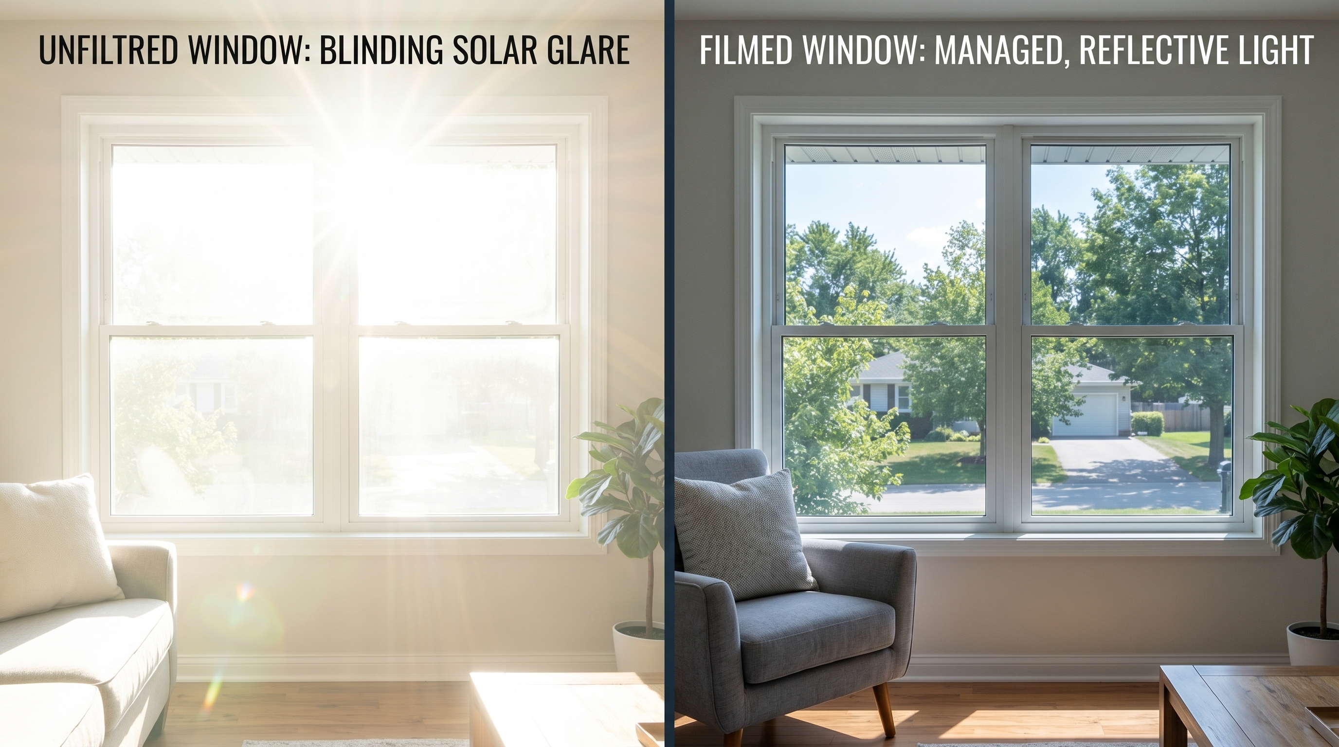 Split screen demonstrating intense solar glare reduction using reflective daytime privacy glass.