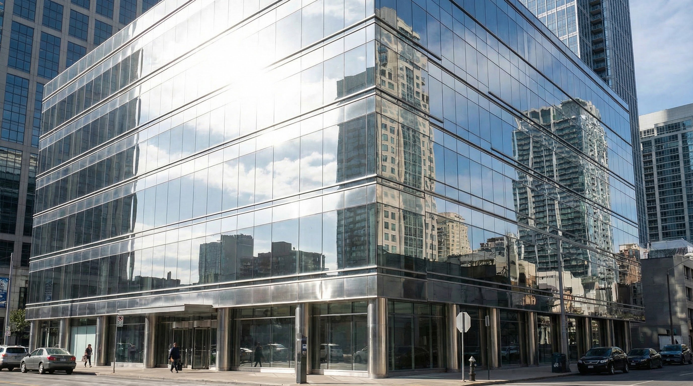 Commercial building with reflective window film showing strong daytime privacy