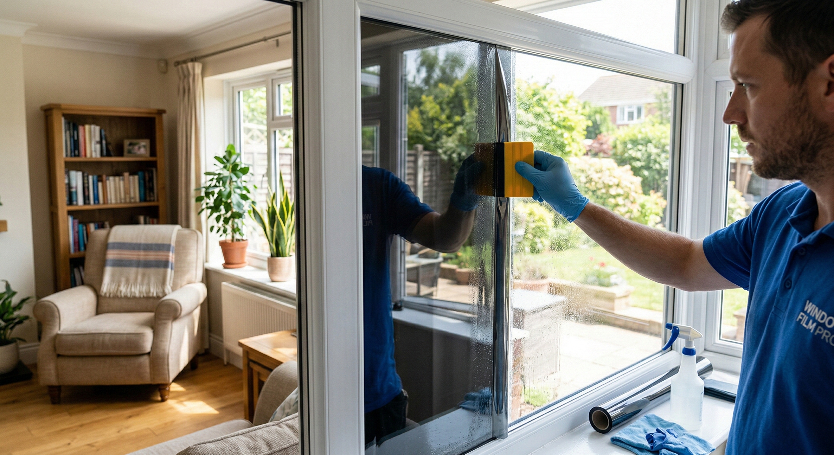 Installing reflective window film to reduce heat in home
