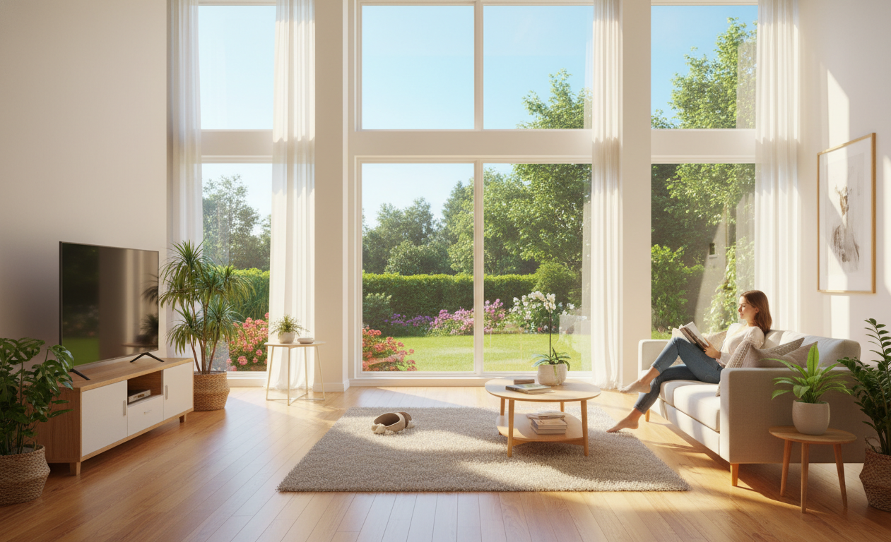 Living room with residential window film reducing glare and heat