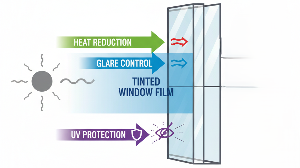 Diagram showing layers of tinted window film for homes with heat and UV protection