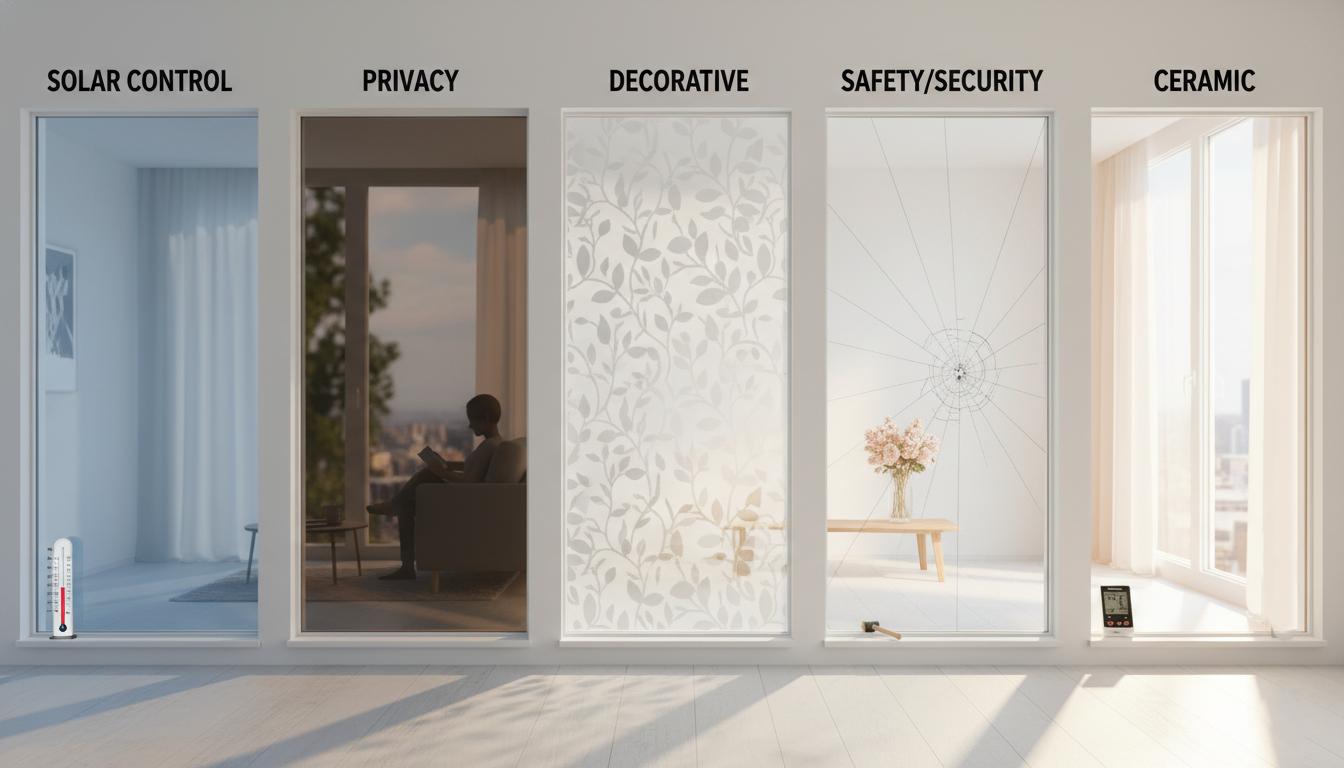 Side-by-side view of solar control, privacy, decorative, safety, and ceramic window films in a home.