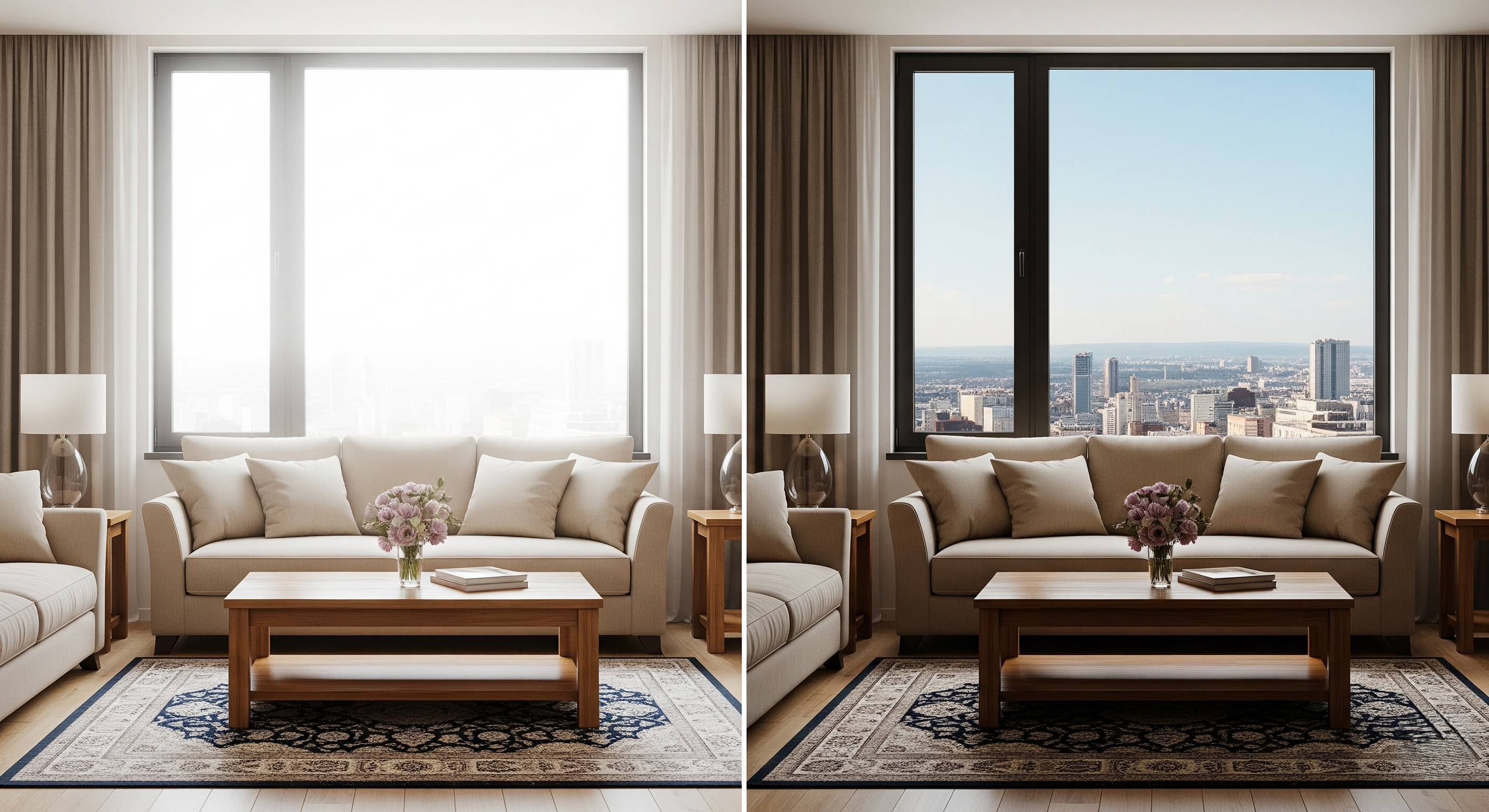 Comparison of home windows with and without tinting showing reduced glare and protected interiors.