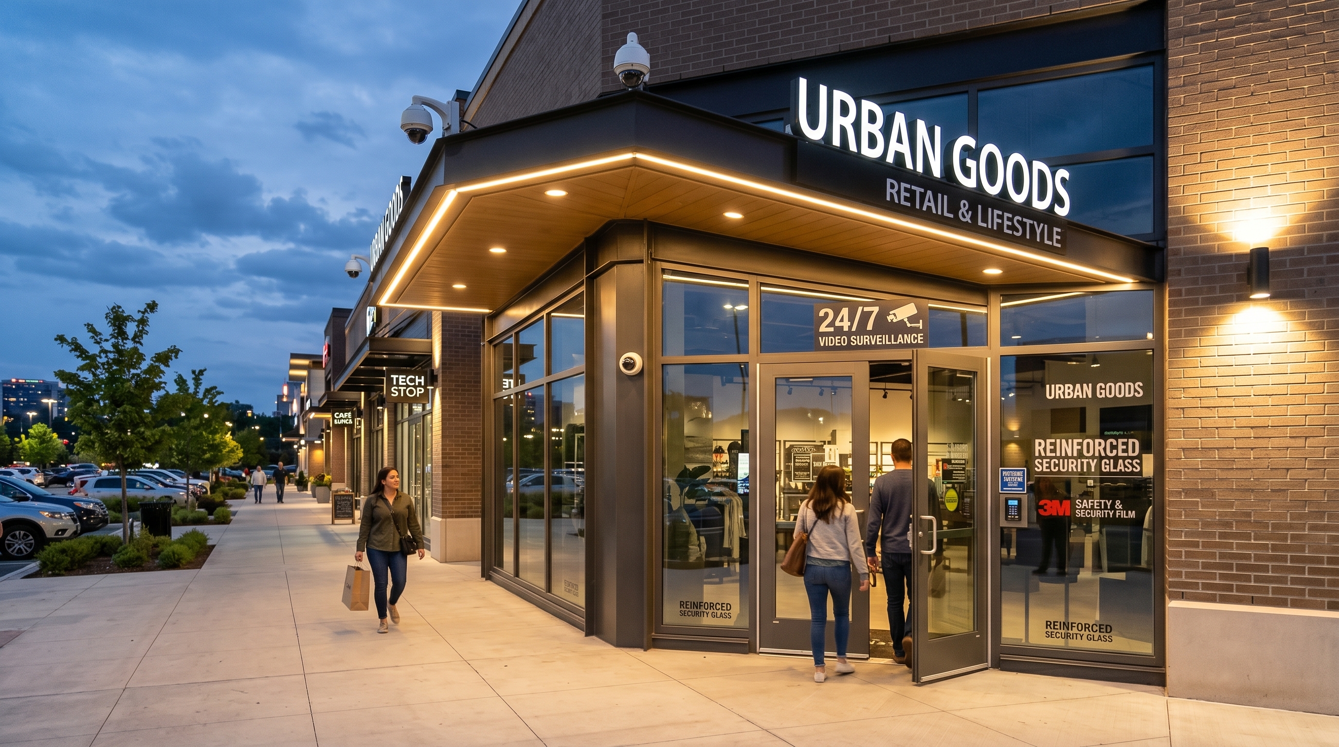 Retail storefront with layered security and reinforced glass protection