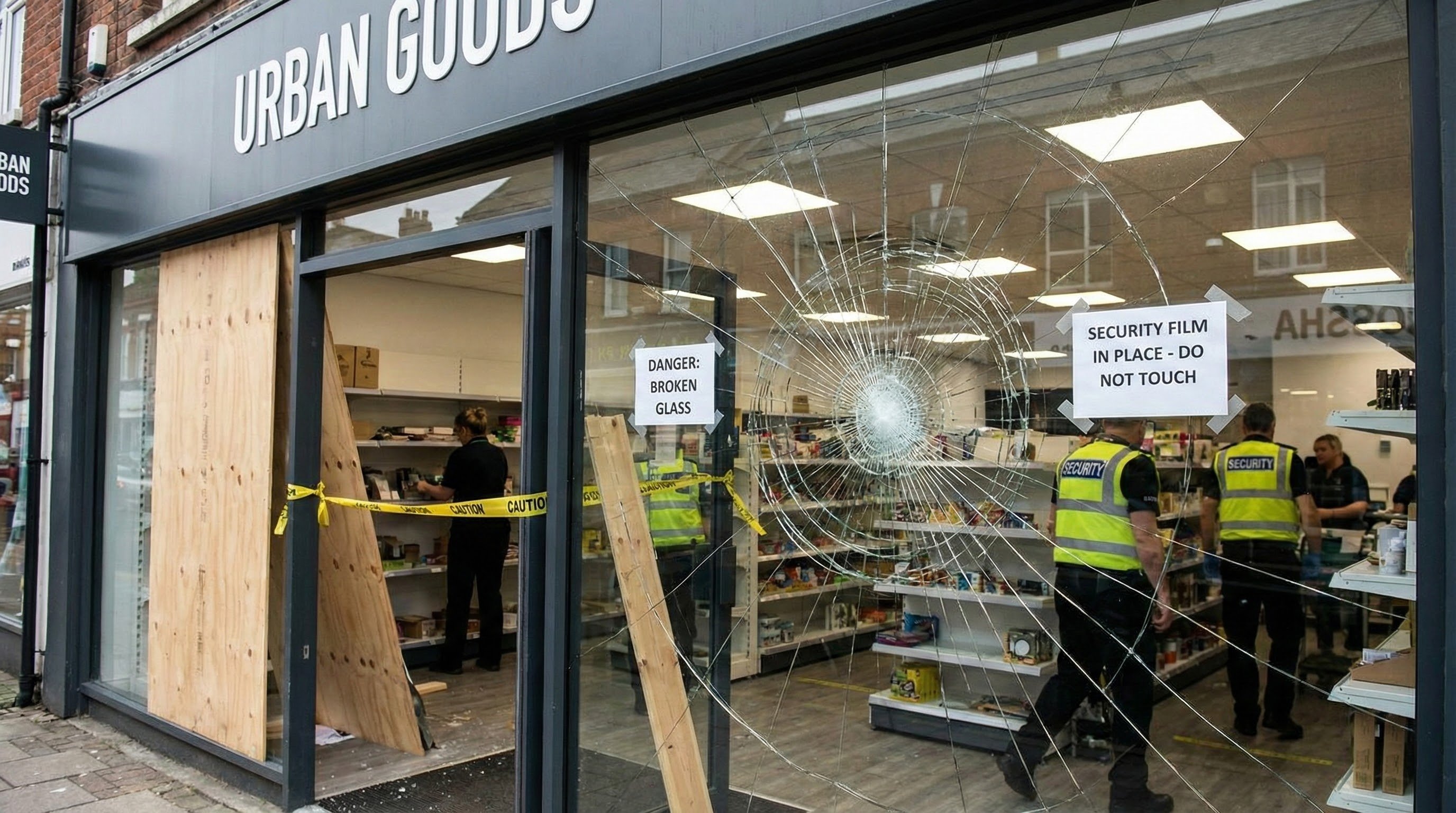 Storefront glass held together by security window film after attempted break-in