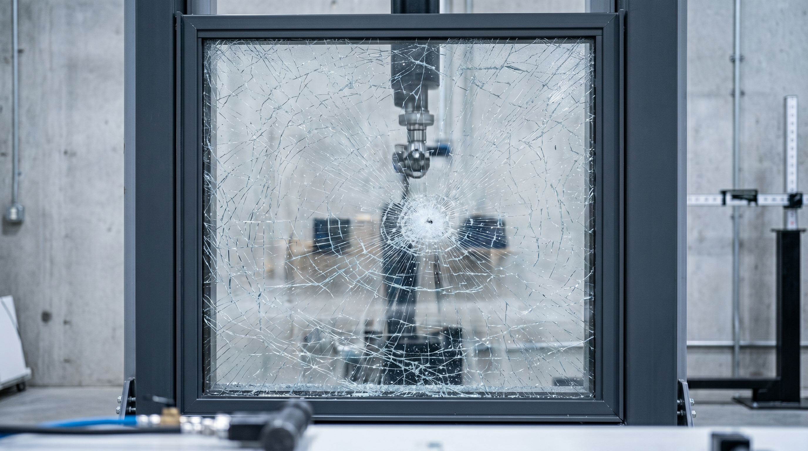 Security window film holding shattered storefront glass together after impact