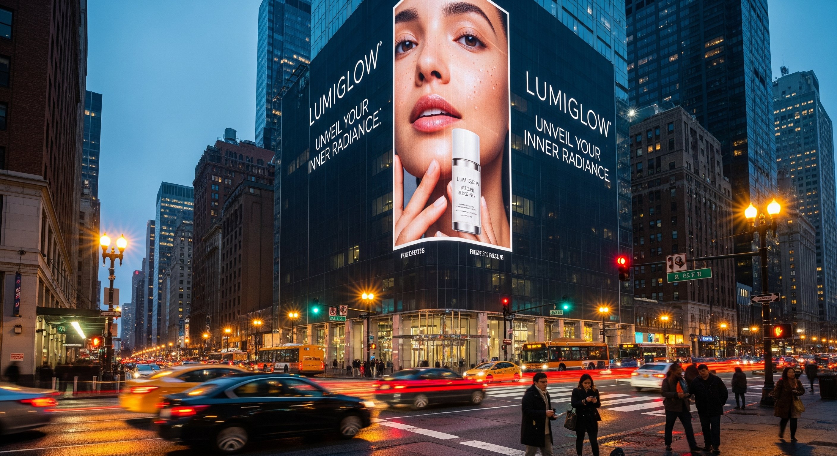 Vinyl building wrap on a skyscraper promoting a product launch in a busy city