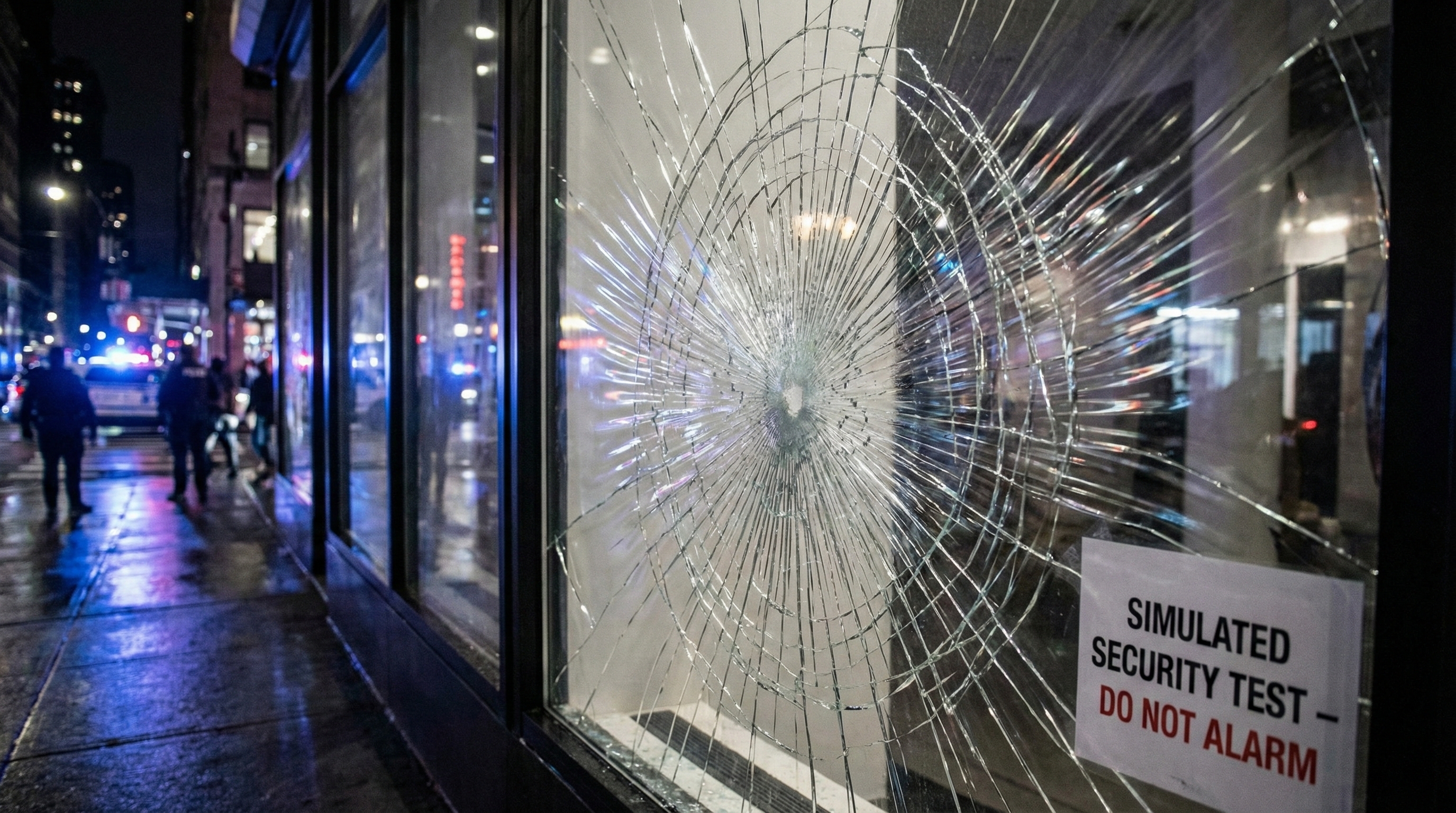 Security window film holding cracked storefront glass together during a smash-and-grab attempt