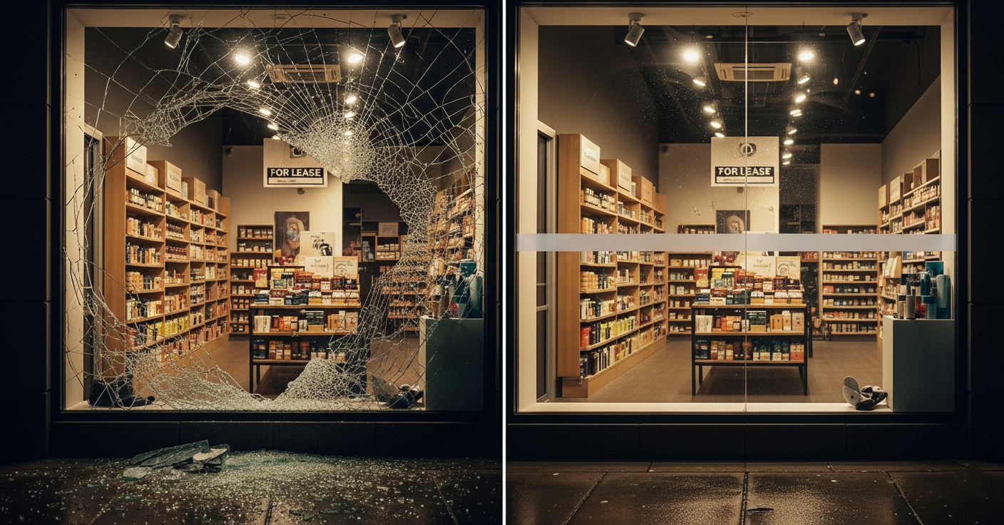 Security window film preventing smash-and-grab burglary at a business storefront