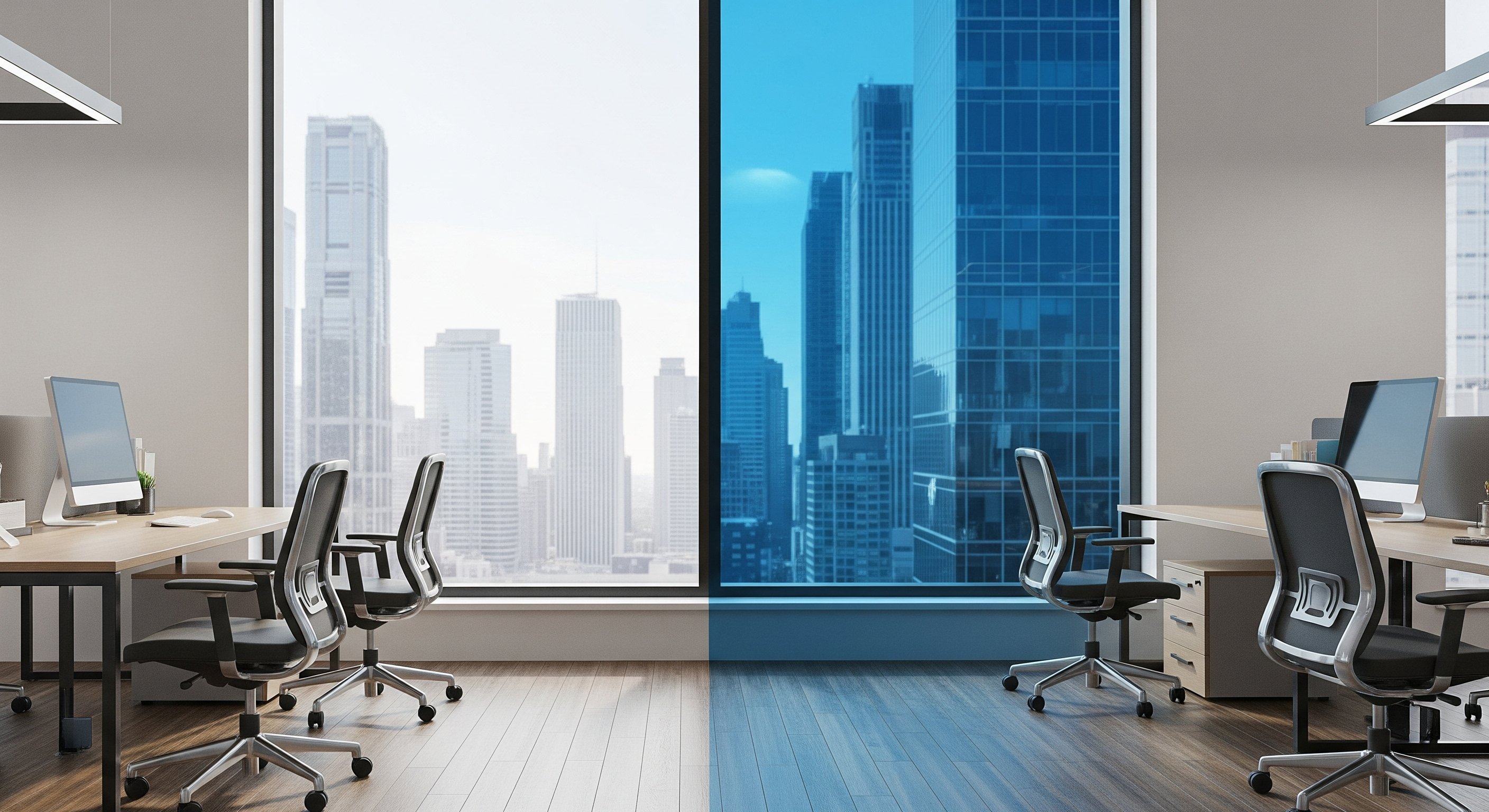  modern office showing the before-and-after effect of commercial solar film, with one side showing harsh sun glare and the other a clear, comfortable view.