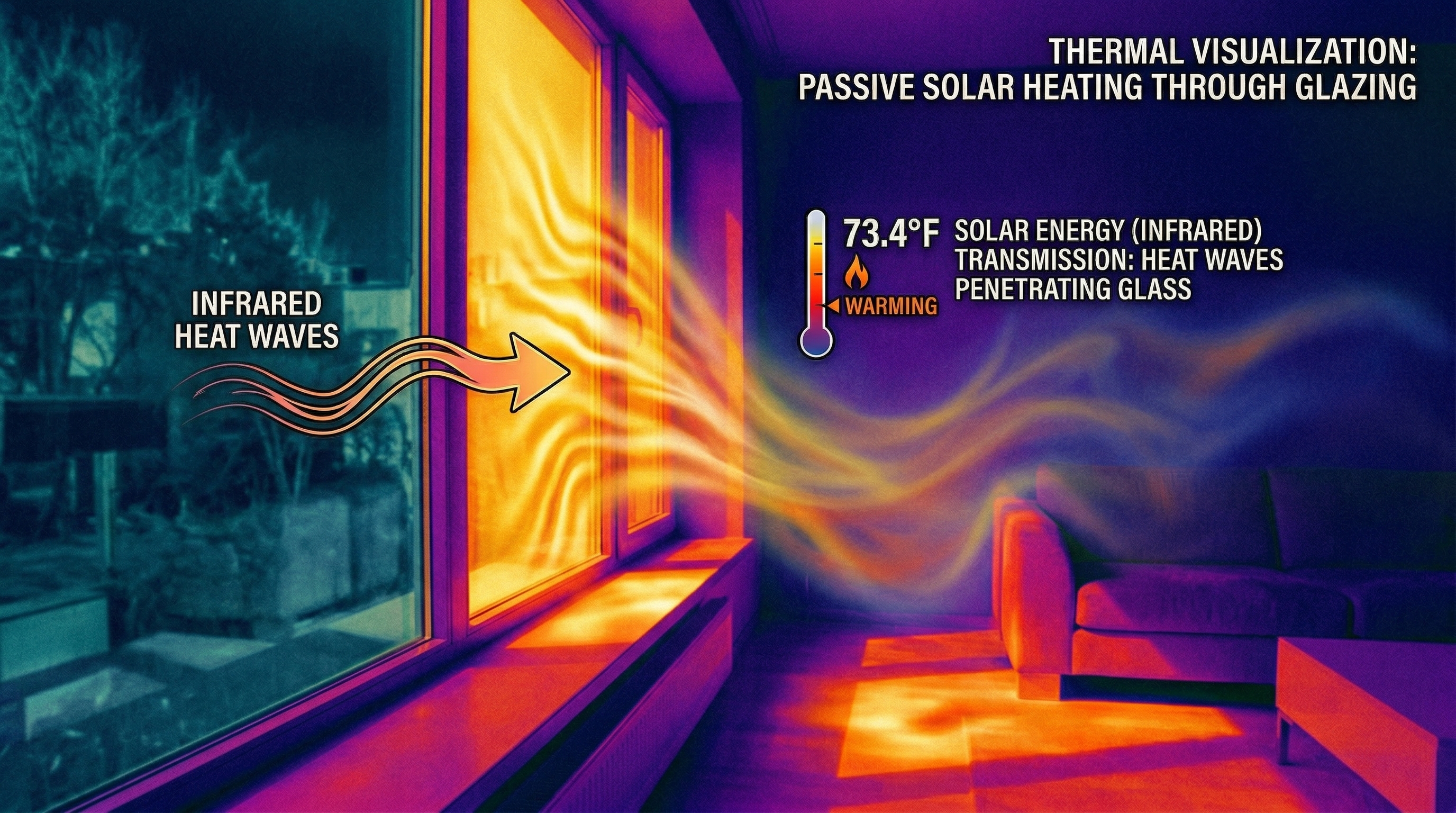 Illustration of solar heat gain entering a home through glass windows