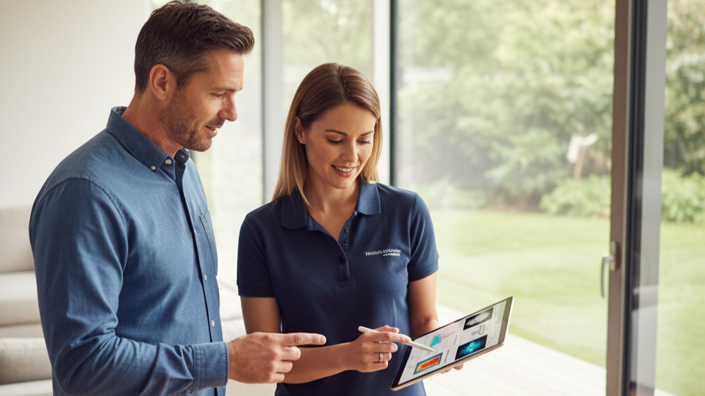 Professional installer explaining cost and ROI of solar window film to a homeowner or office manager.