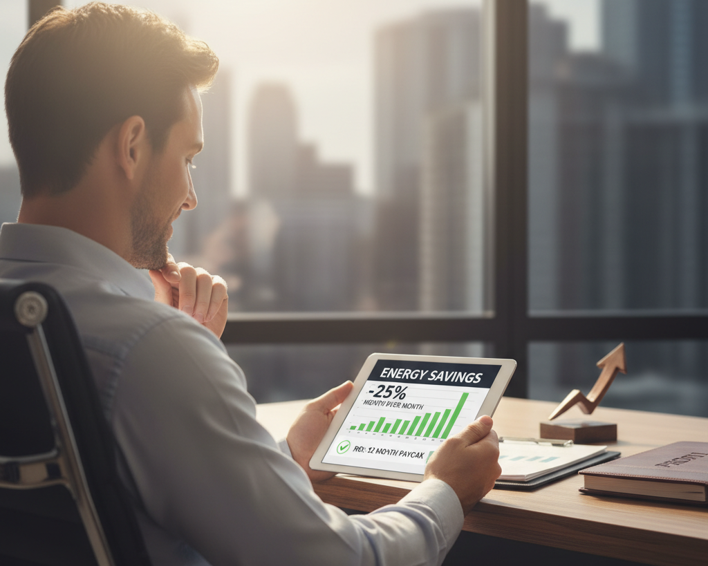 Business owner reviewing reduced energy bills near solar window film installed windows