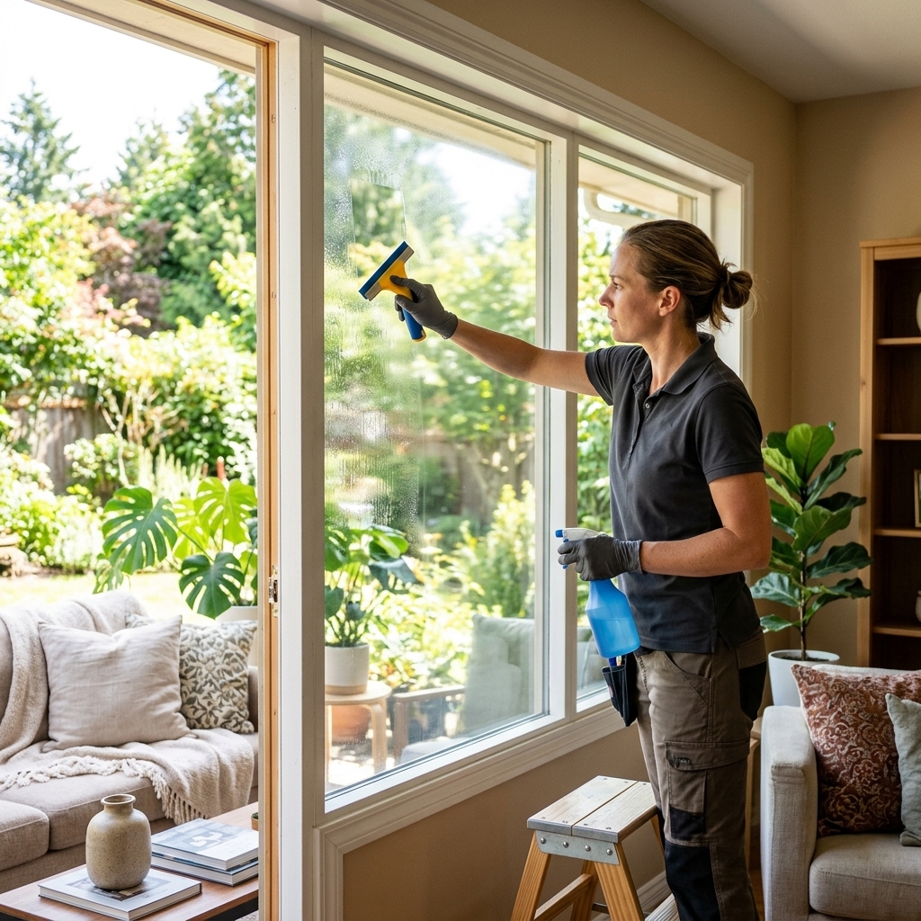 Professional installing spectrally selective window film on home glass to maximize visible light transmission and block heat.