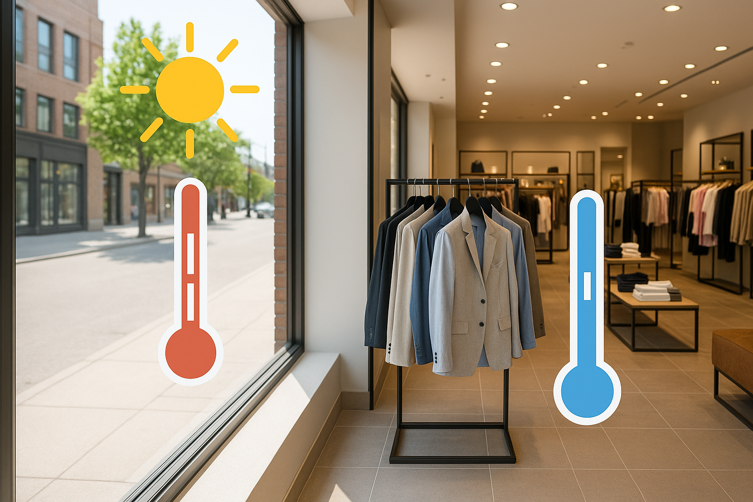 Storefront window film reducing heat inside while keeping sunlight outside.