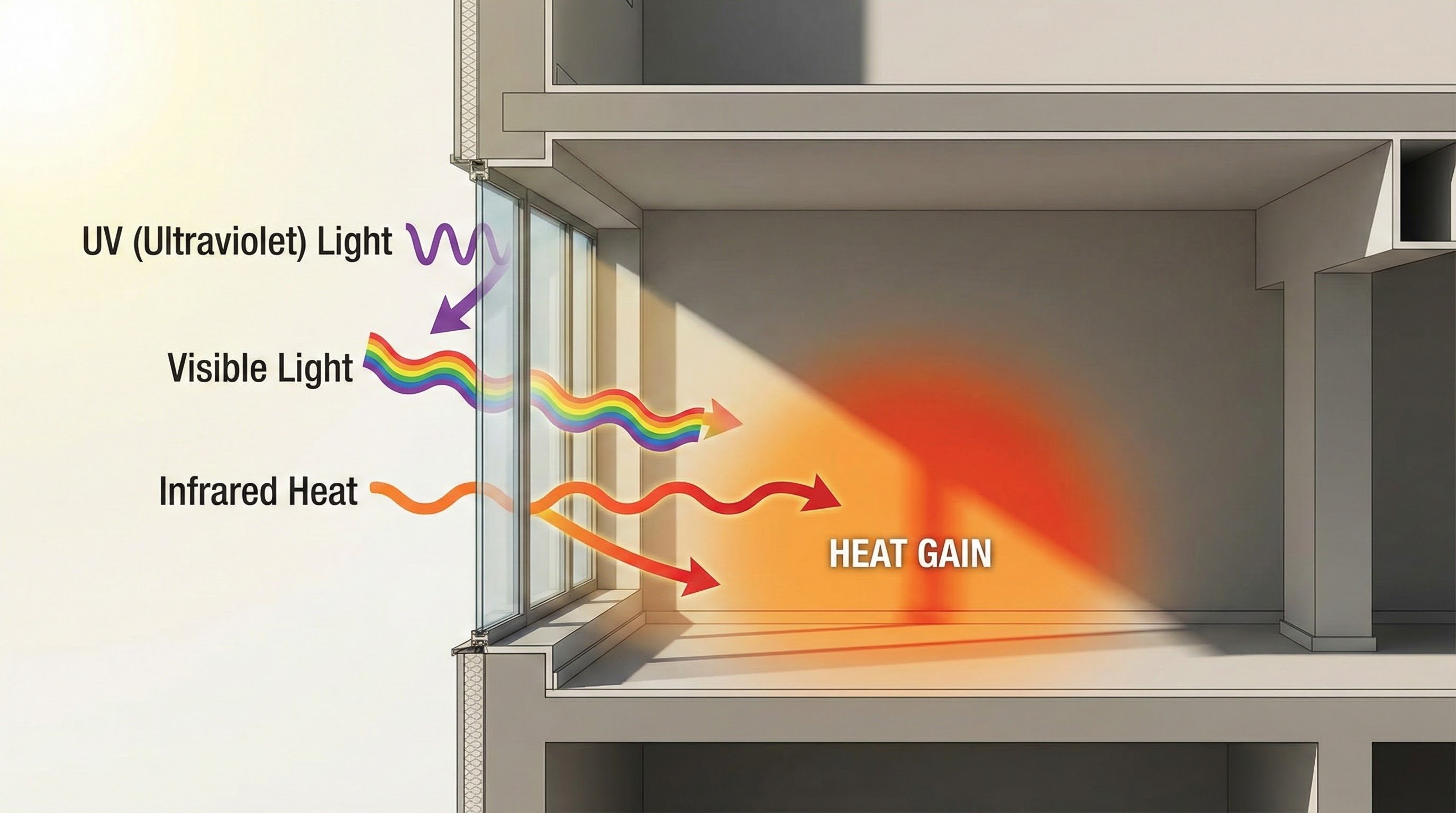 Sunlight spectrum showing infrared heat passing through building windows