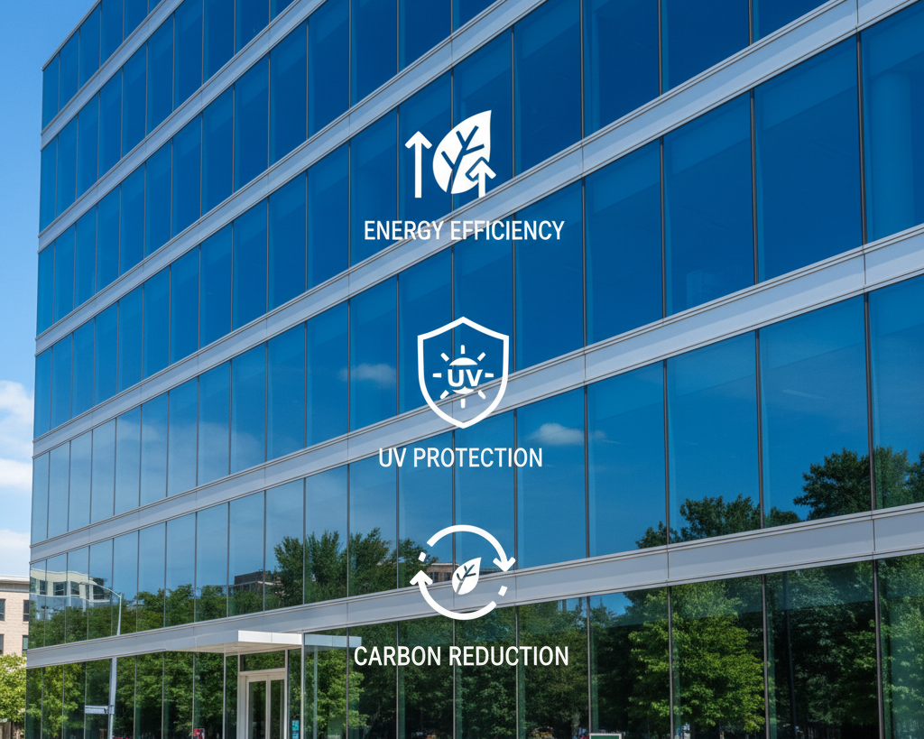 Energy-efficient commercial building with solar window film contributing to sustainability goals